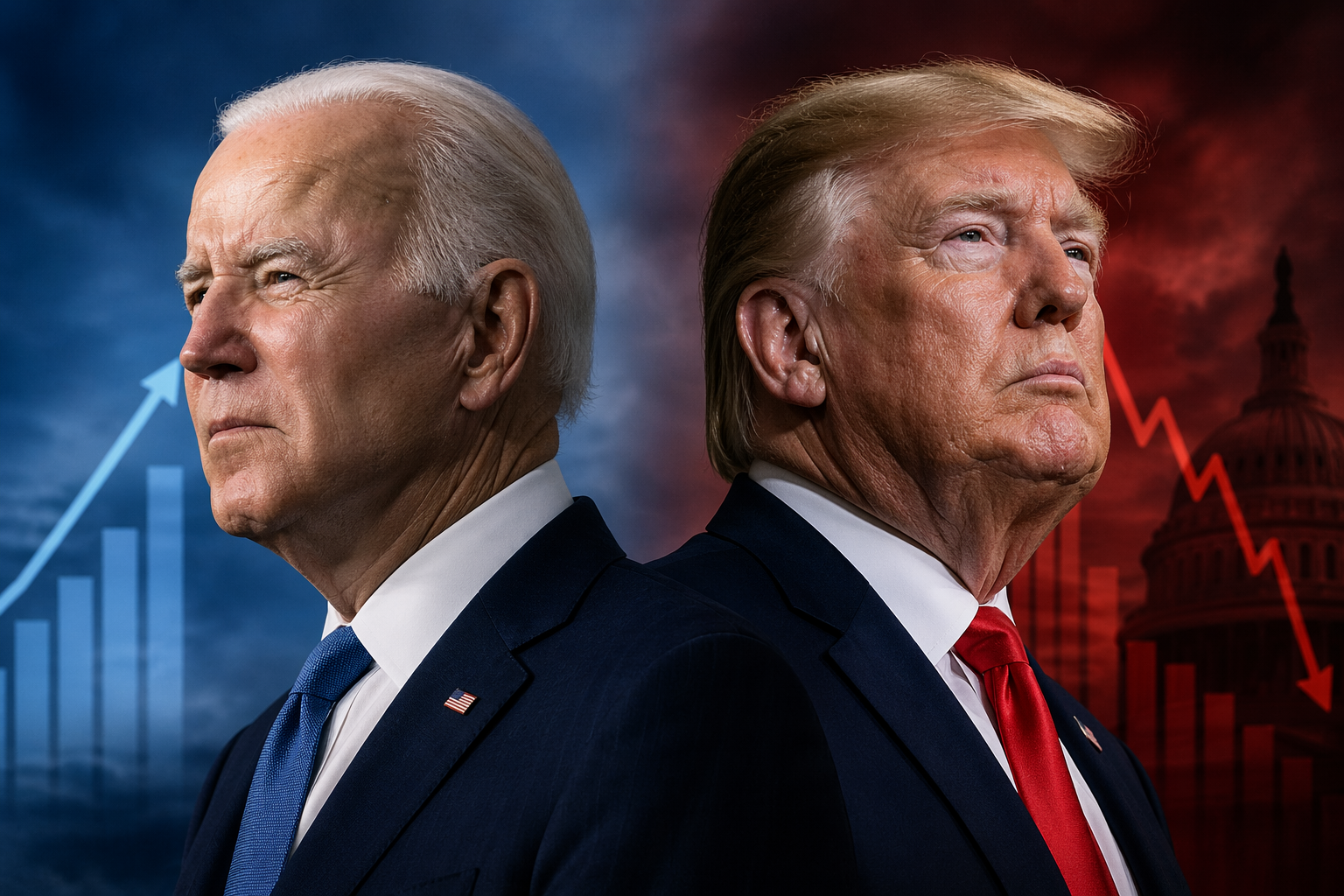 Split portrait of Joe Biden and Donald Trump standing back-to-back; blue background with rising chart behind Biden and red background with falling chart behind Trump.
