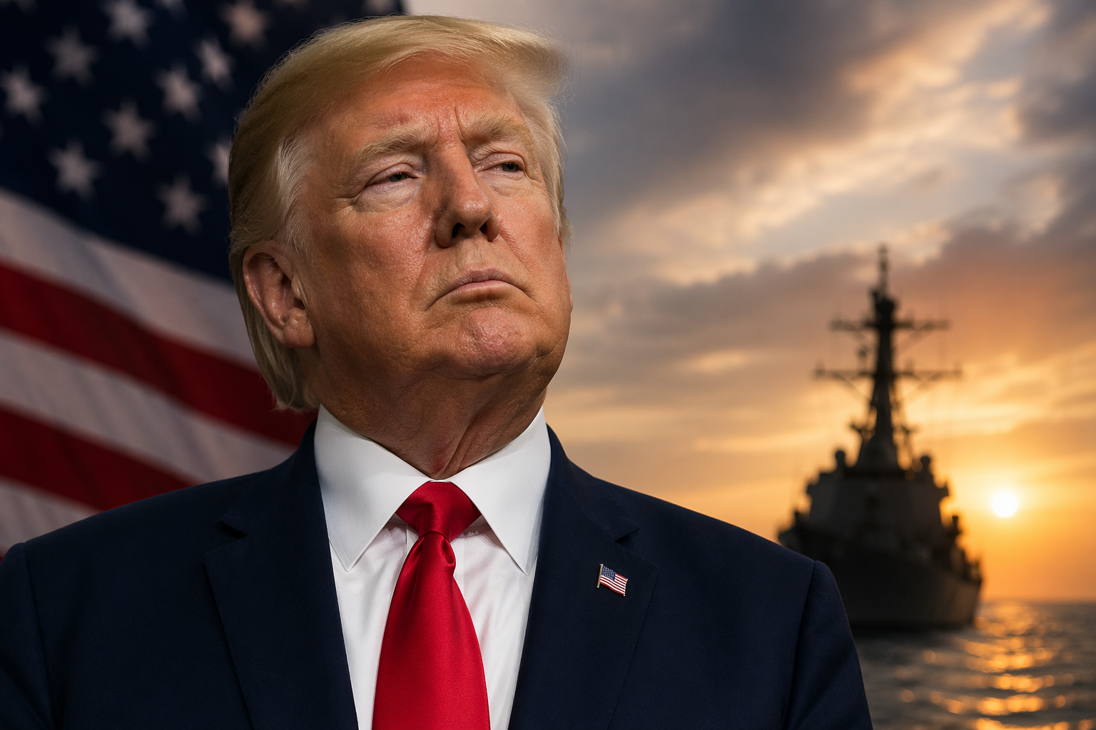 A close-up of Donald Trump in a dark suit and red tie, standing before a blurred American flag, with a naval warship silhouetted at sunset over the sea in the background.