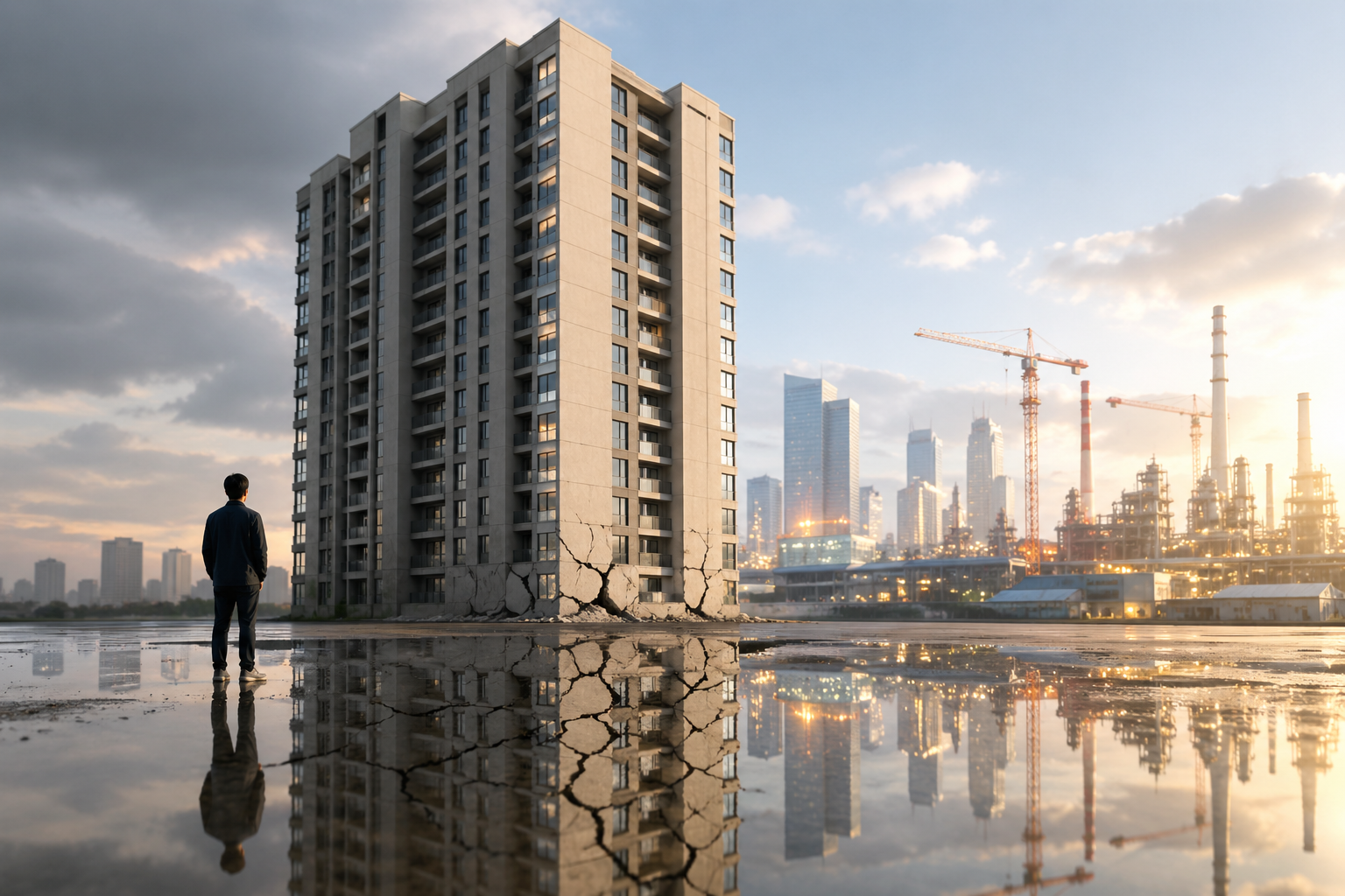 A cracked high-rise apartment building stands in the foreground with its damaged base reflected in a distorted puddle, while a lone figure looks on; in the background, a bright skyline of cranes and industrial buildings glows with signs of economic activity.