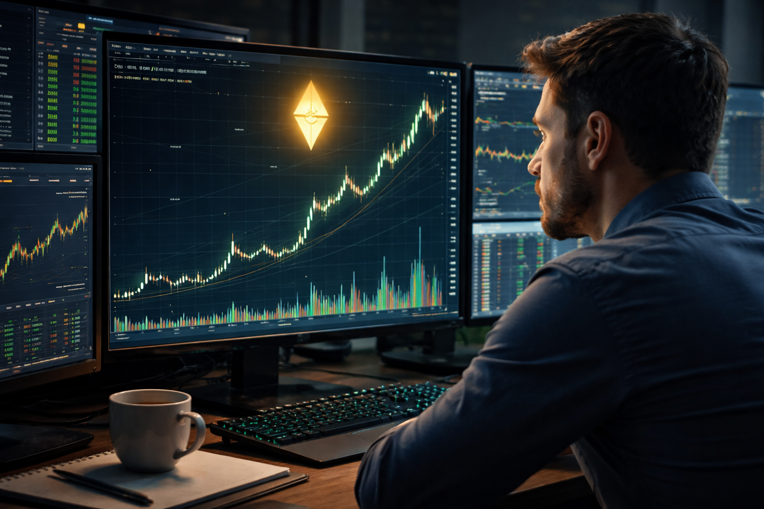 A trader looking at a bullish Ethereum chart on multiple screens