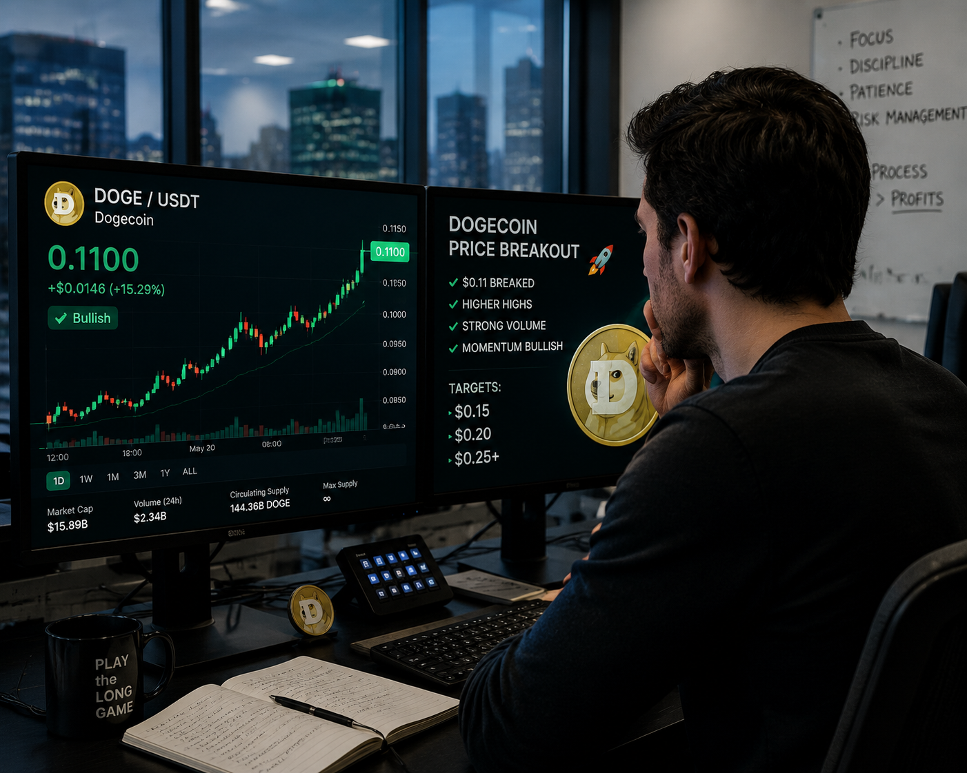 A trader analyzing Dogecoin's surge above $0.11