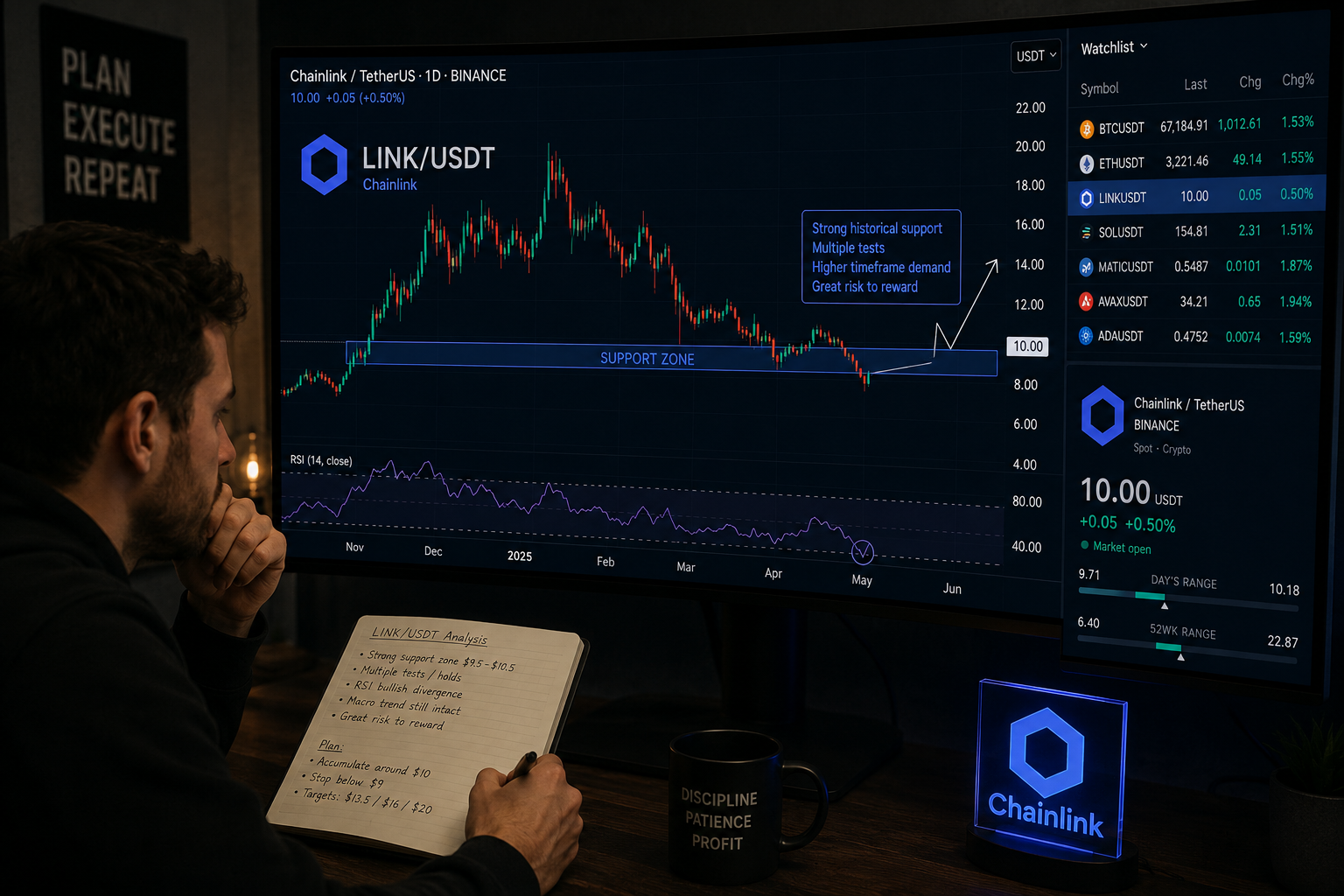 A trader analyzing Chainlink as it holds a key support level