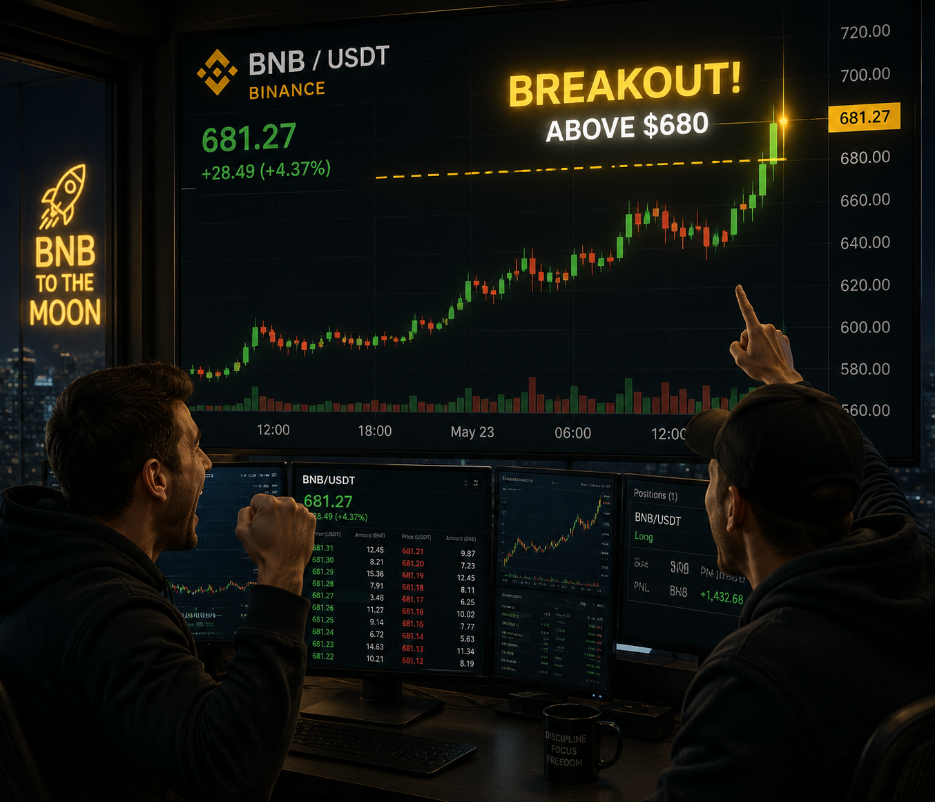 Traders analyzing BNB as it crosses $680