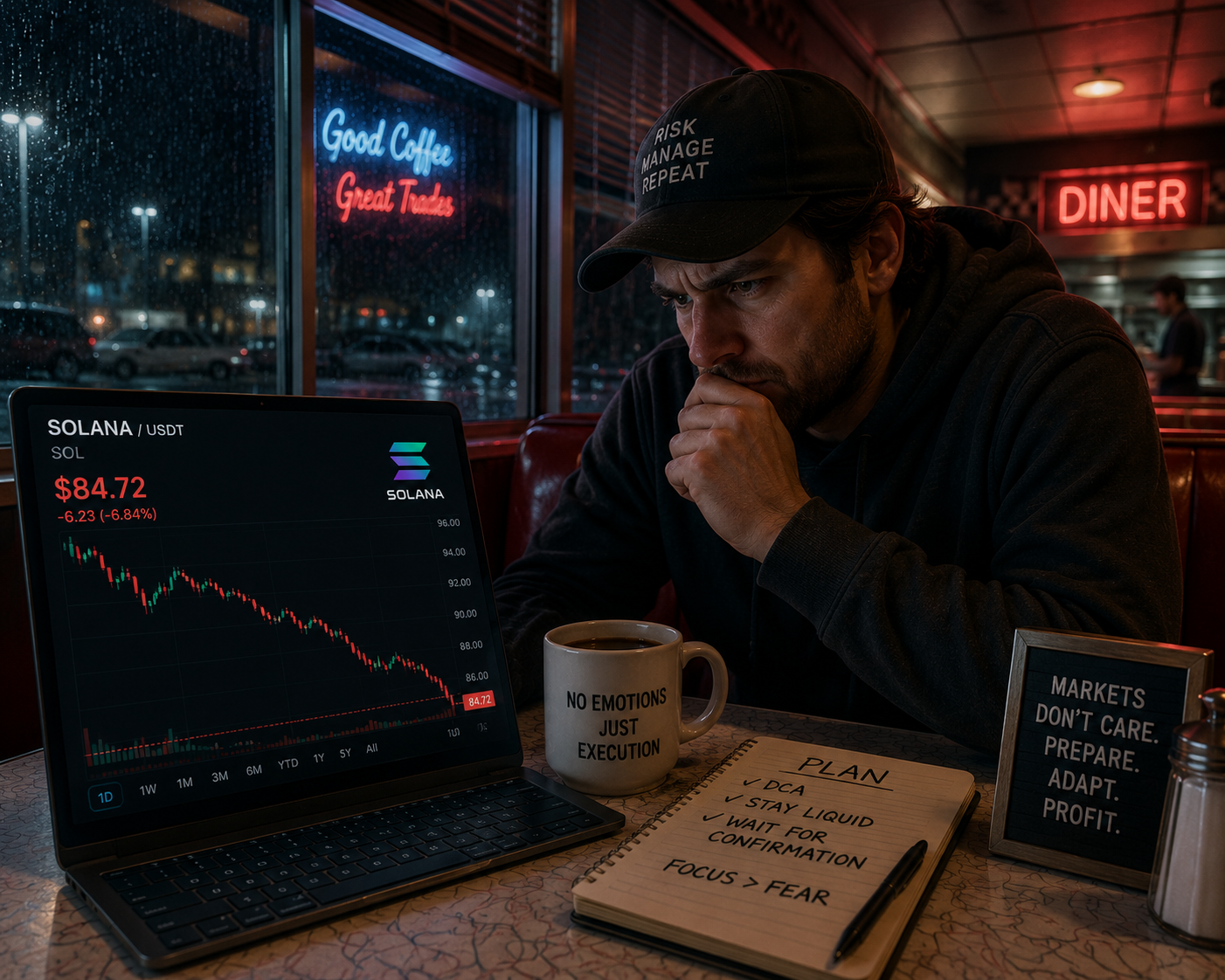 A trader analyzing Solana as it drops below $85