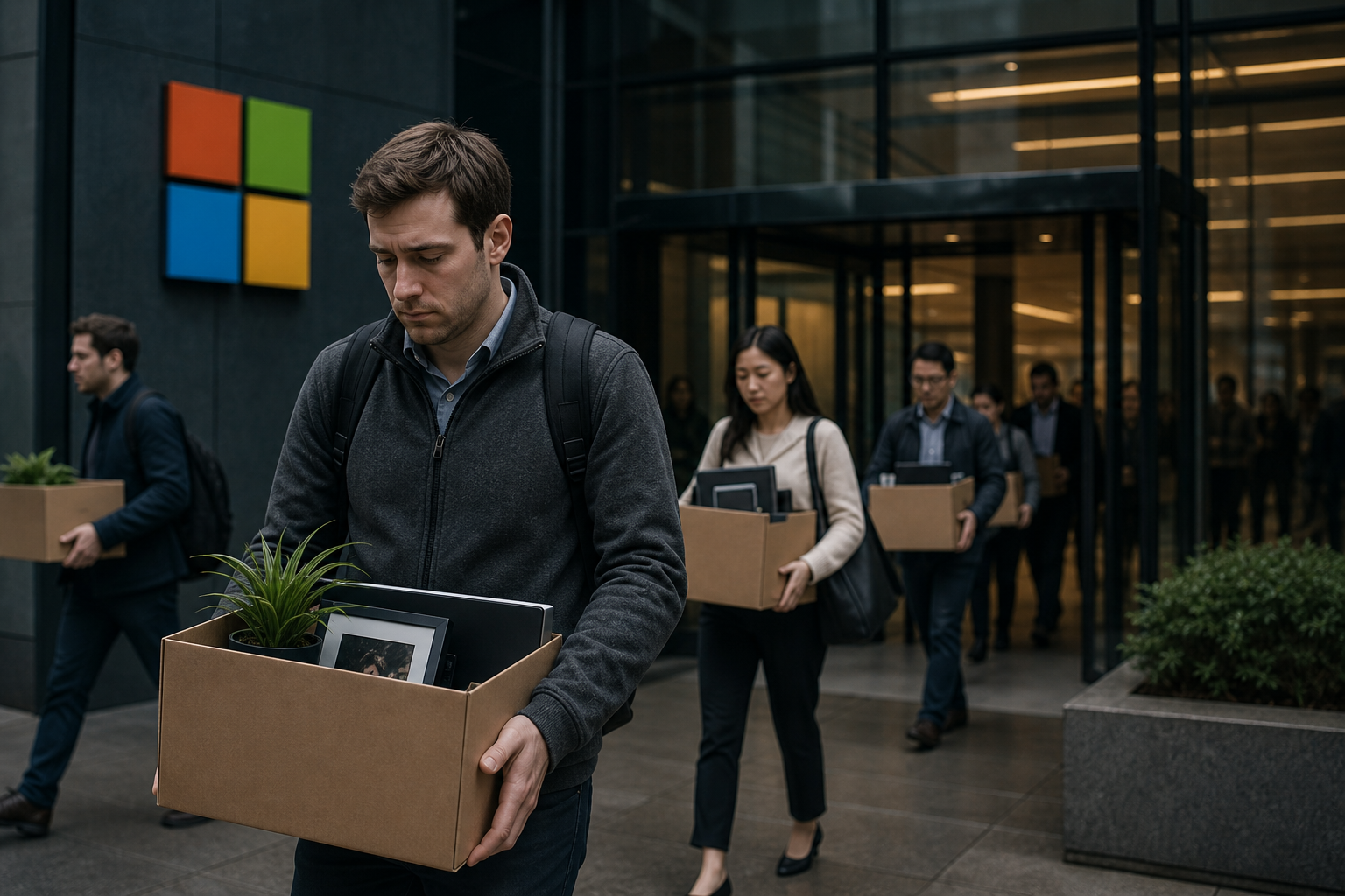 Employees exit a modern office building carrying cardboard boxes with personal belongings, suggesting layoffs at a large tech company.