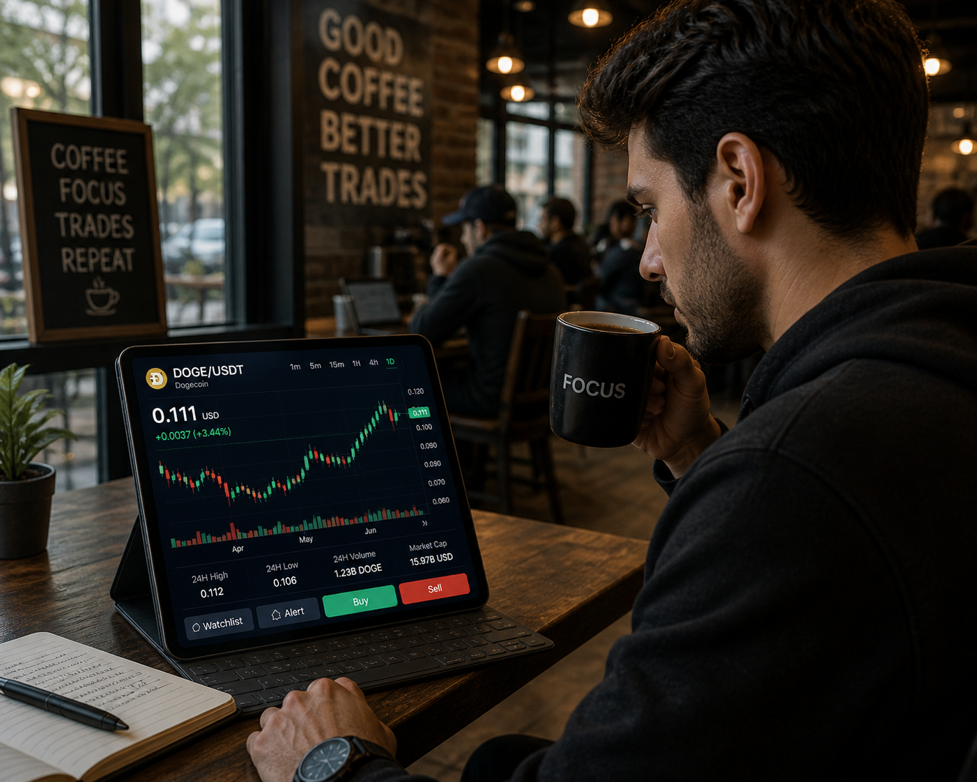 Dogecoin analysis by a trader in a coffee house