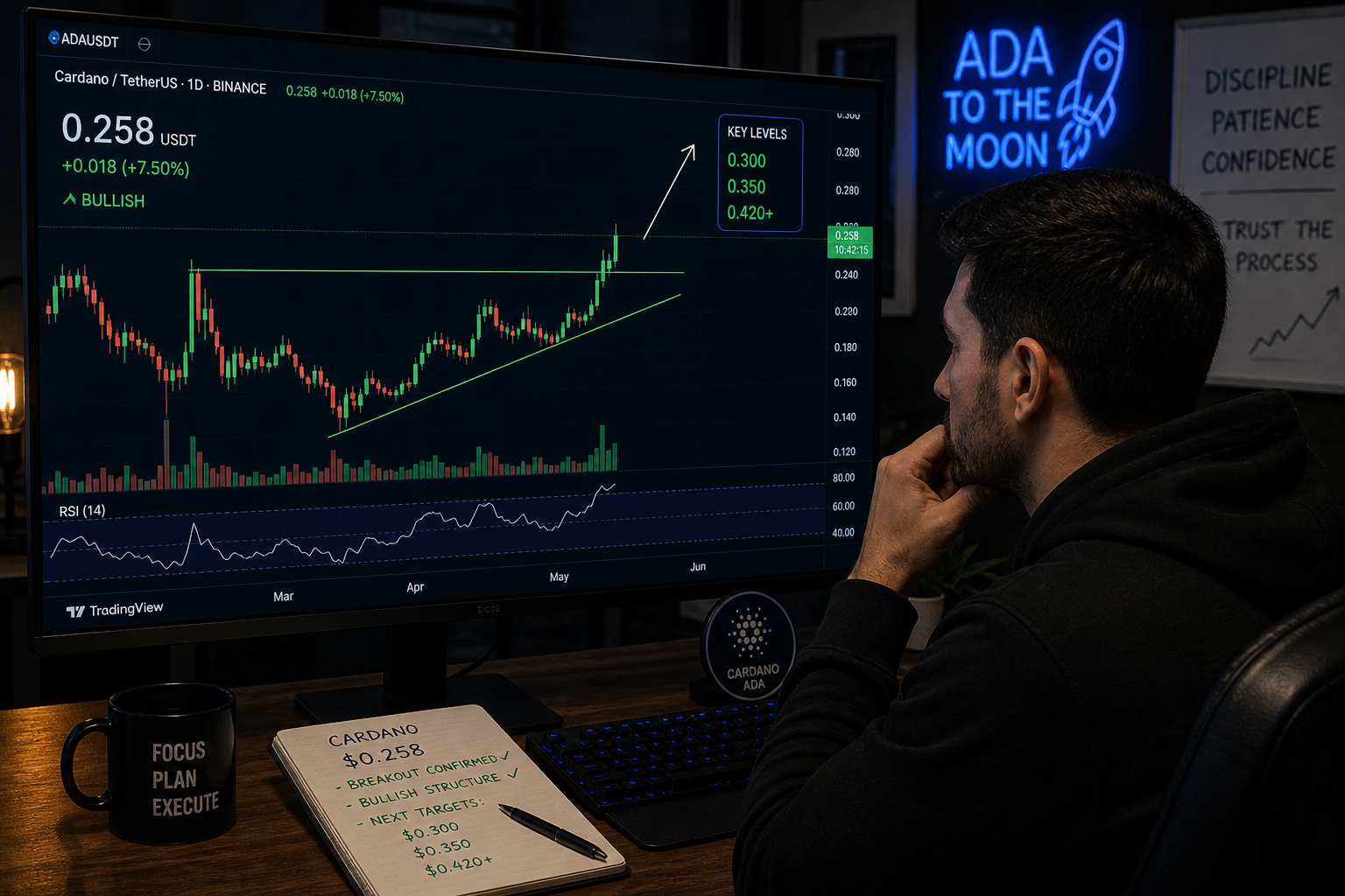 A trader analyzing Cardano's bullish breakout chart
