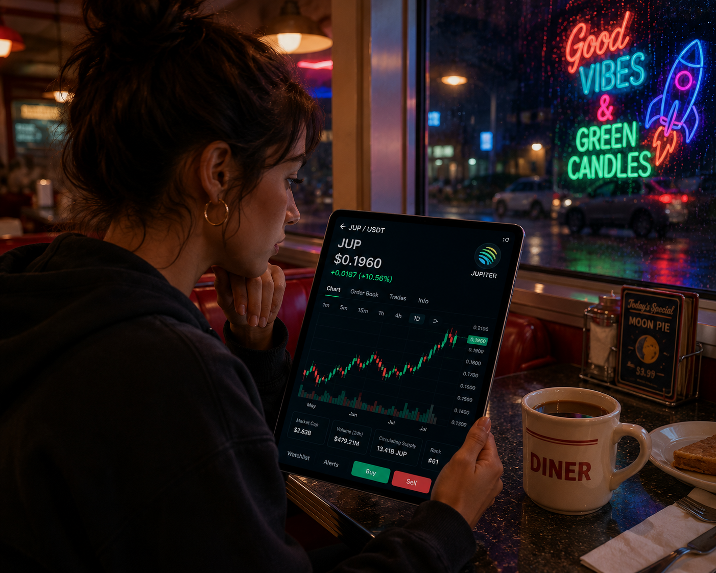 Trader staring at Jupiter's price action on her tab