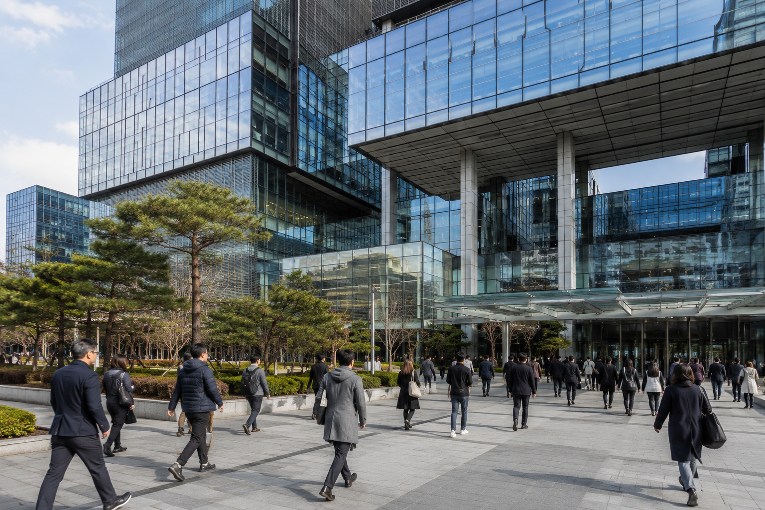 Exterior view of Samsung Electronics headquarters in Seoul, with employees and commuters outside