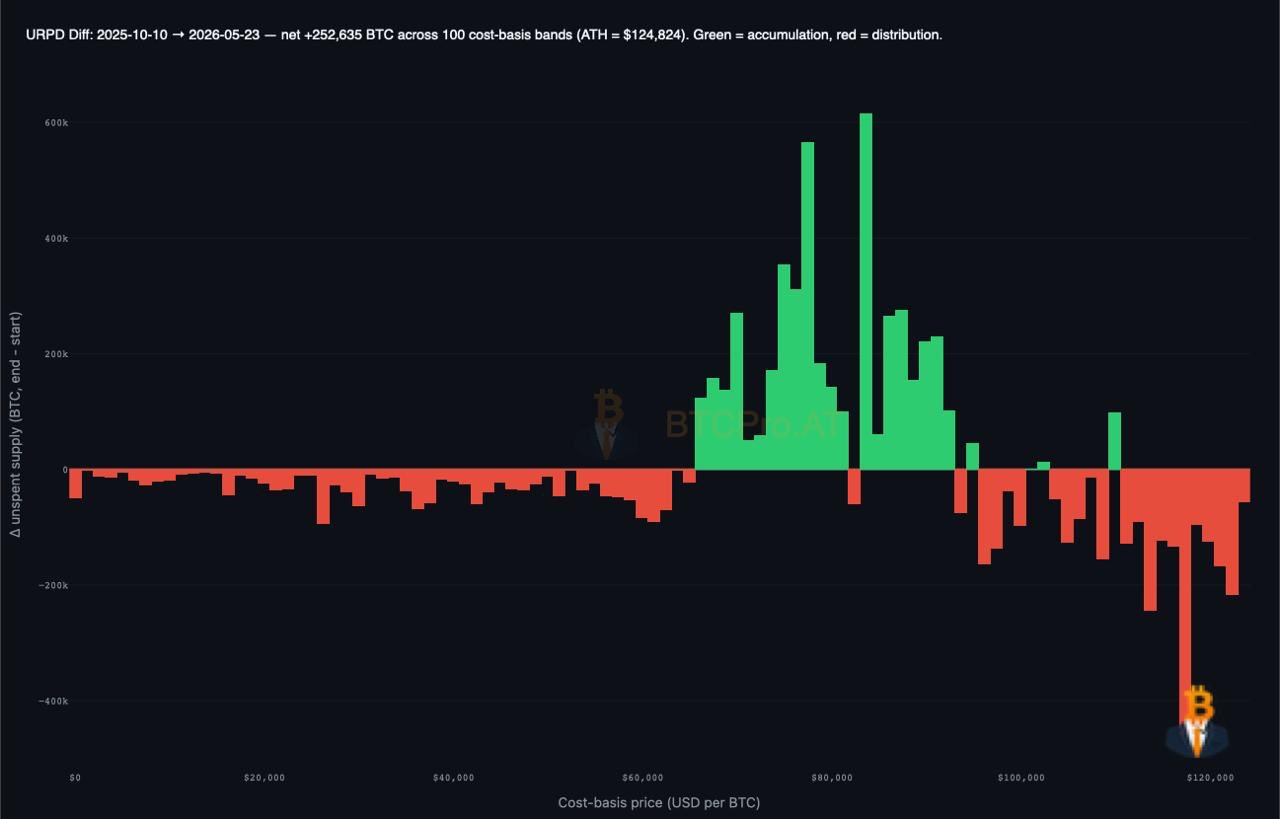 Bitcoin net supply change by cost basis (oct 2025 – may 2026). 