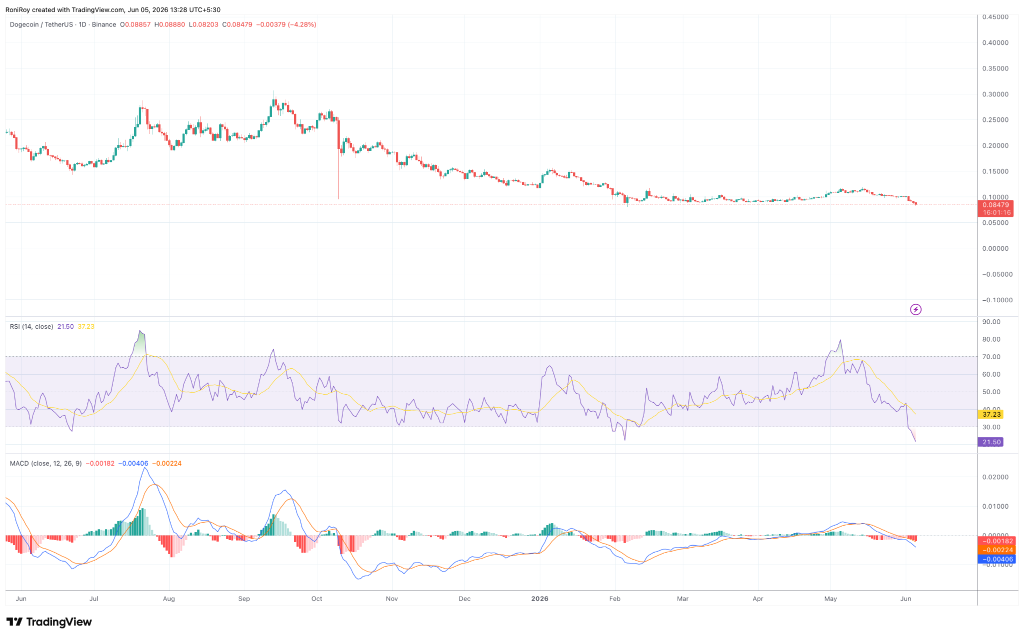 DOGE/USDT 1‑Tages-Preisdiagramm.