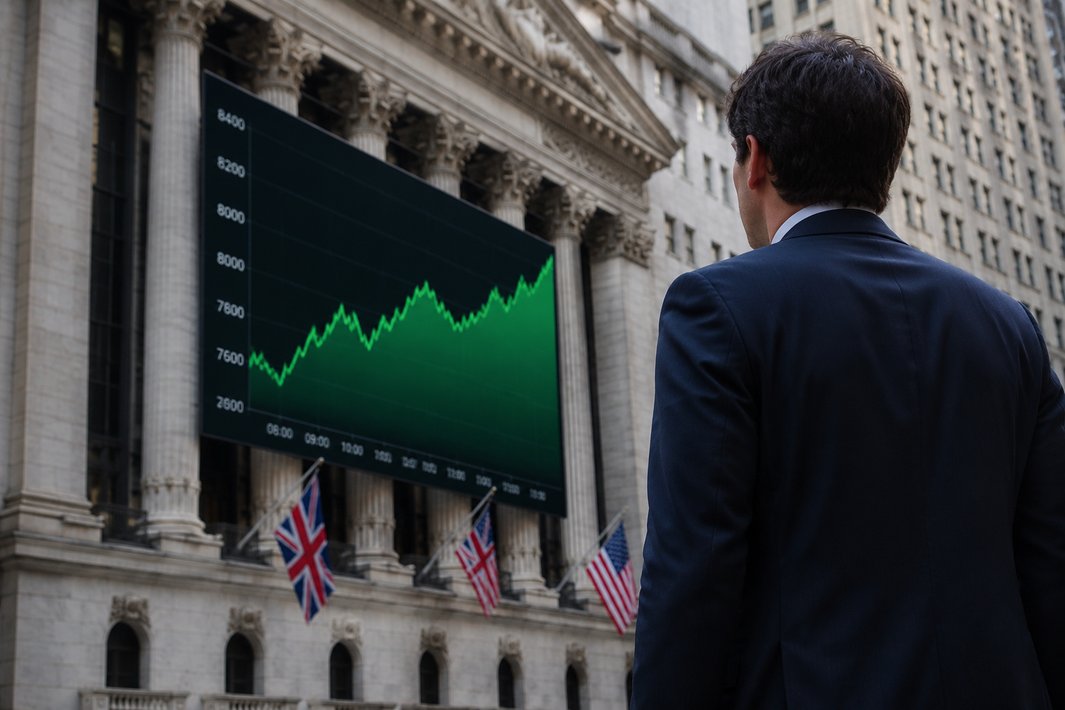 Investor watches FTSE 100 soar on a bustling London financial street.
