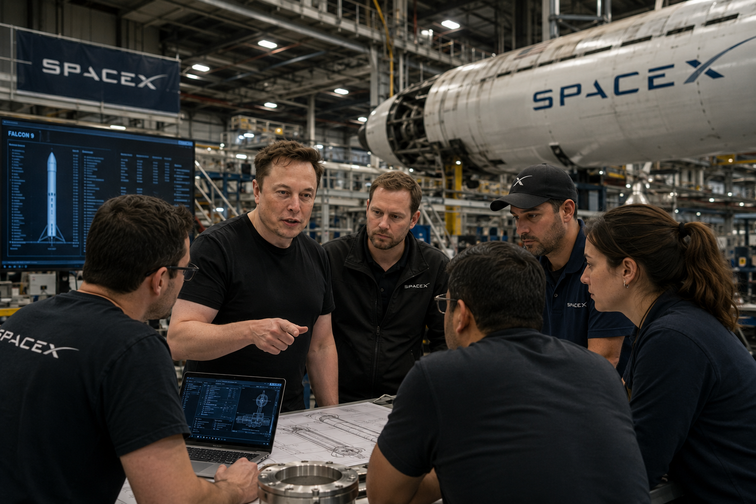 Elon Musk speaks with SpaceX engineers beside a Falcon 9 rocket inside a busy aerospace manufacturing facility.