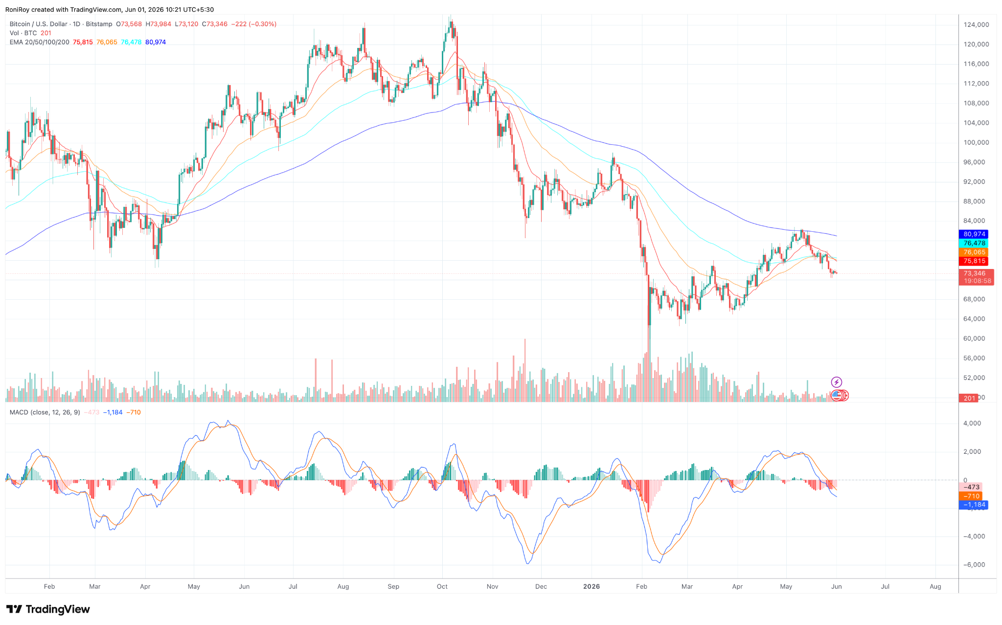 BTC/USD 1-Tages-Preischart.