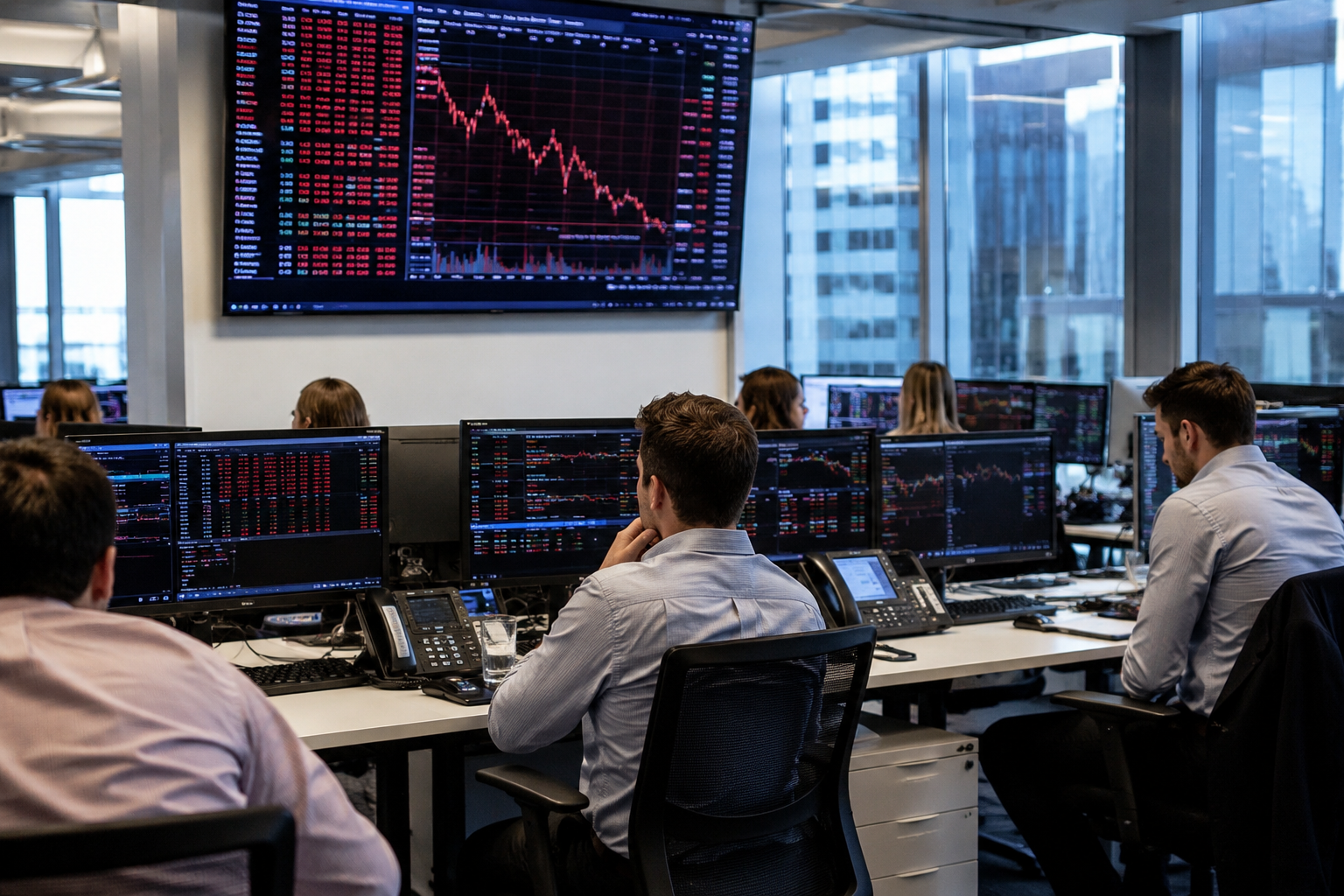 UK investors sitting in the office nd looking at the falling stocks screen cautiously