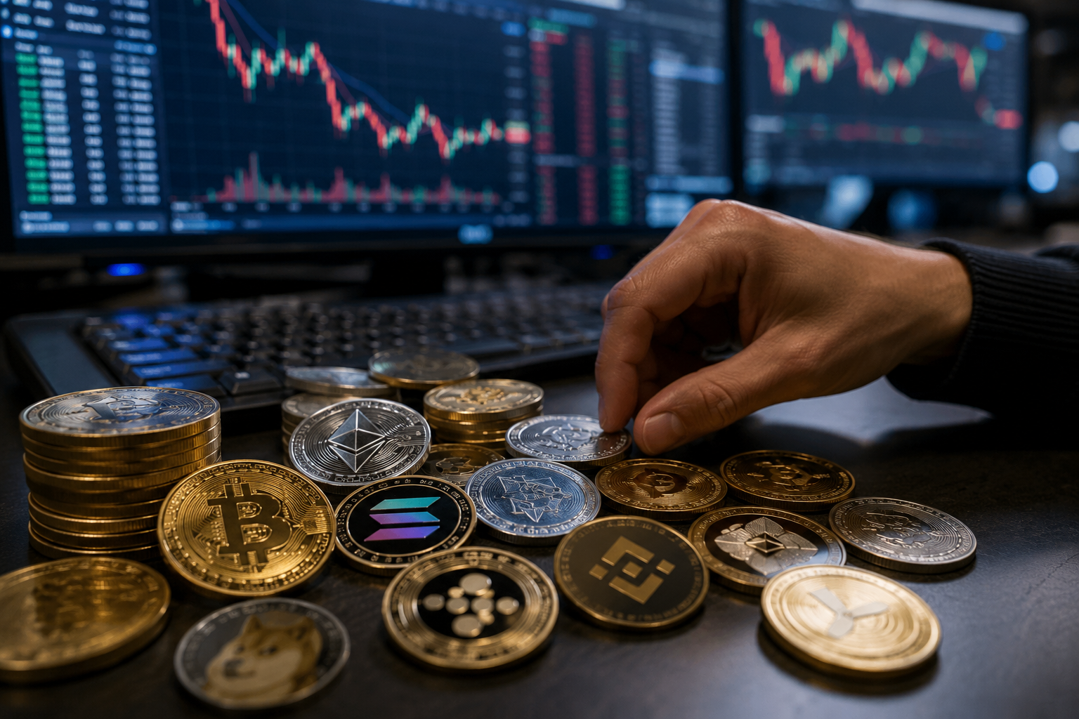 Crypto screens near trading desk