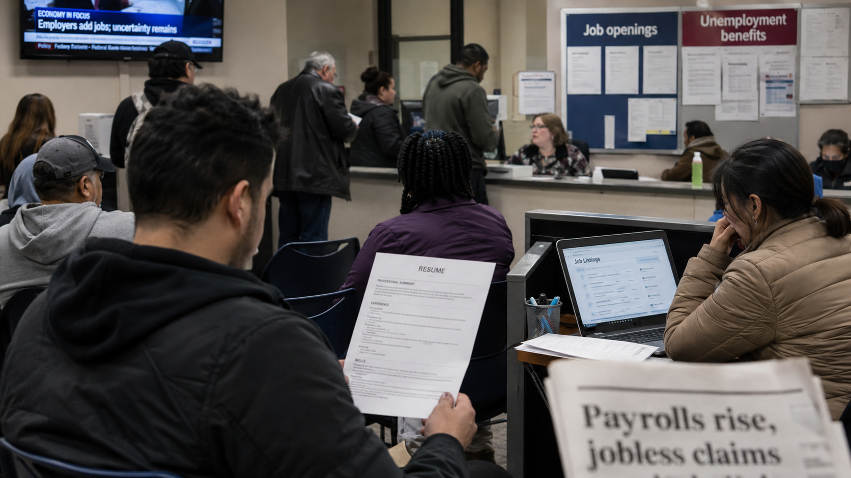 People wait inside a US job centre as one person reviews a résumé and another checks job listings on a laptop