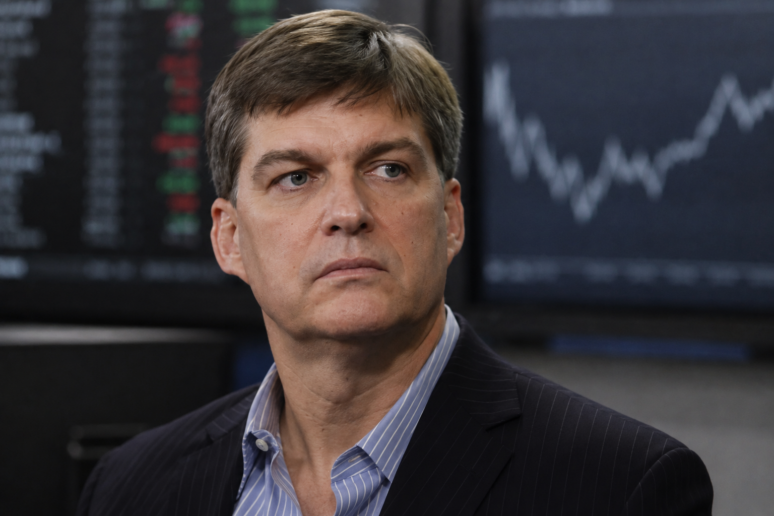 Michael Burry appears in a dark pinstripe suit with financial charts and market data displayed behind him.