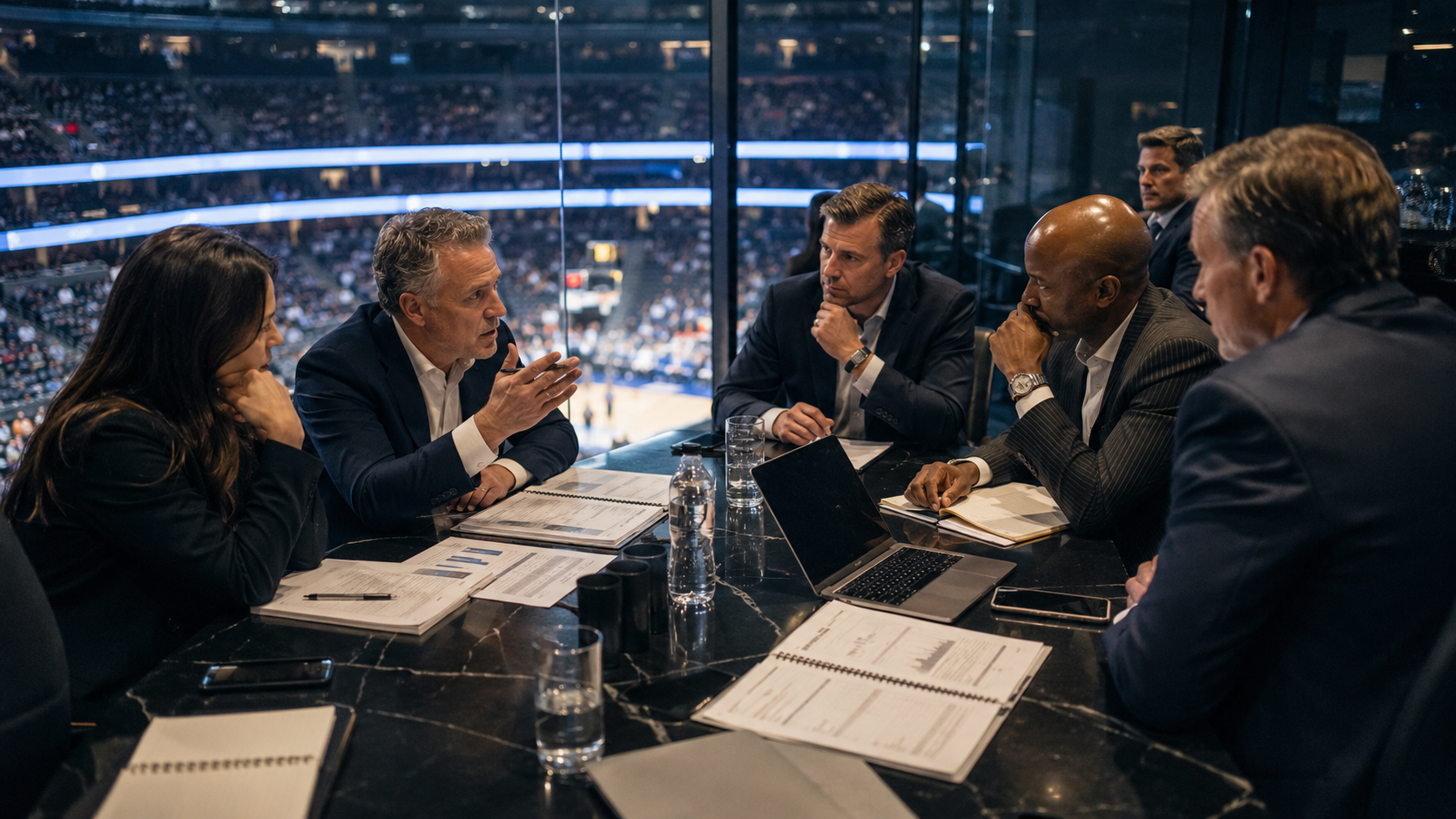 Investors and advisers discuss a potential sports team acquisition from an arena suite.