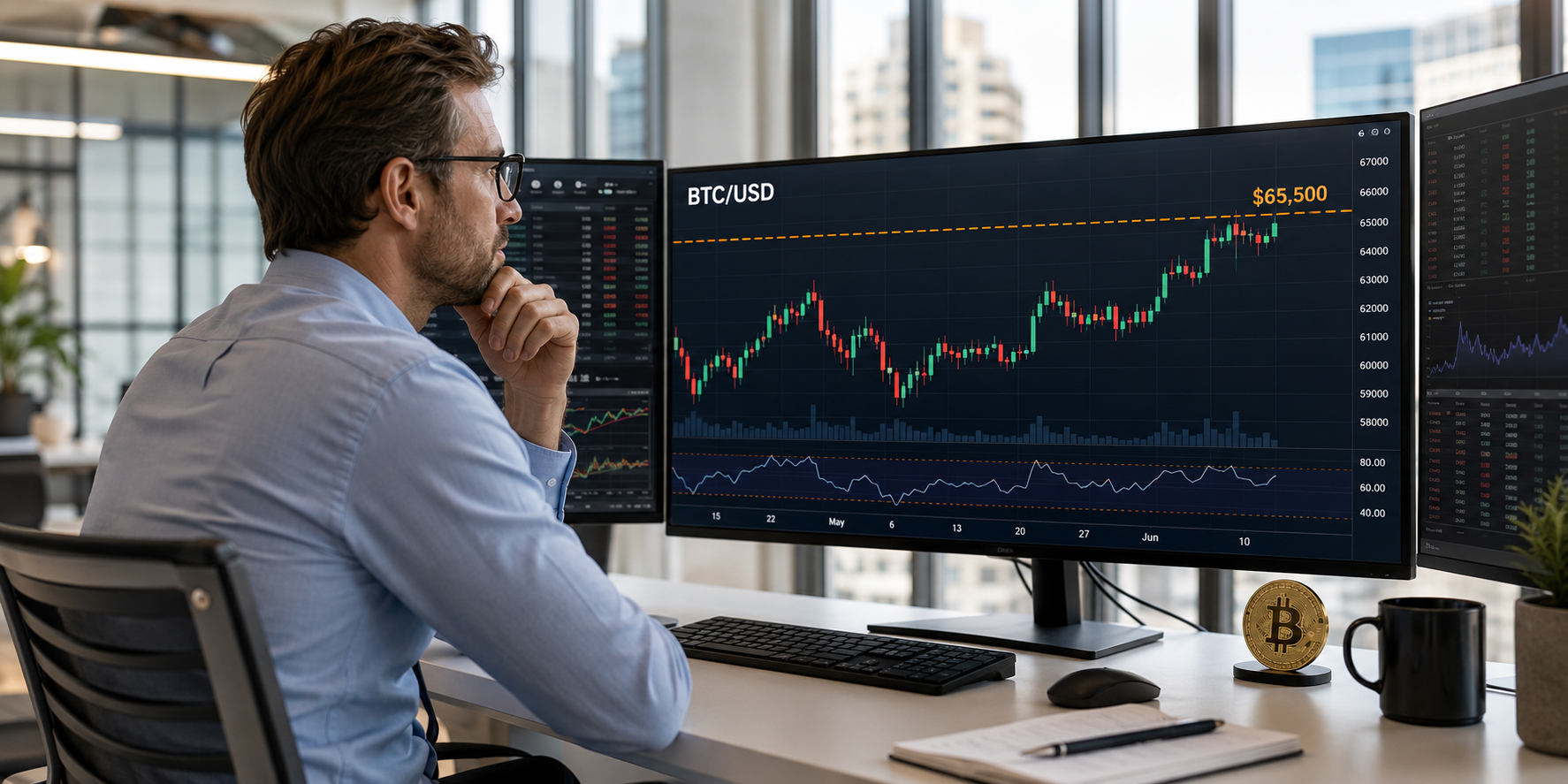 Bitcoin trader studies a BTC/USD chart near $65,500 on multiple market screens.