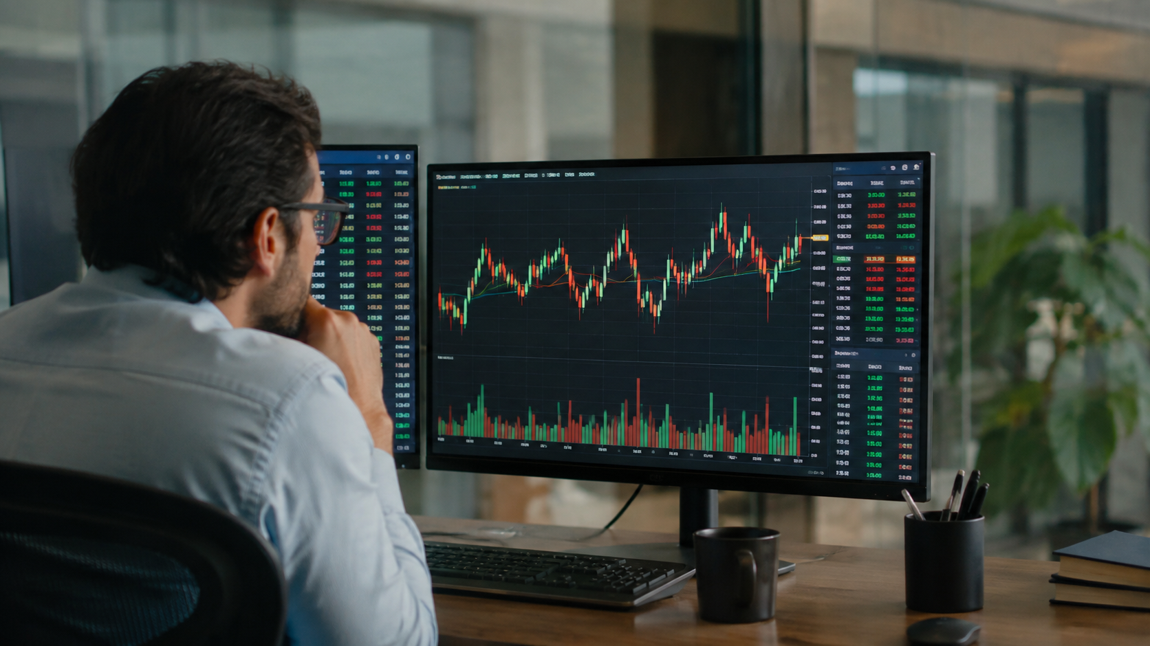 Investor studies a volatile stock market candlestick chart across multiple trading screens.
