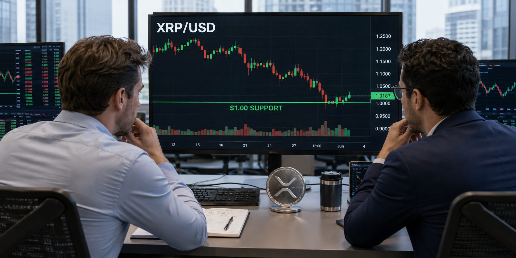 Two traders monitor an XRP/USD chart as the token holds near the $1 support level.