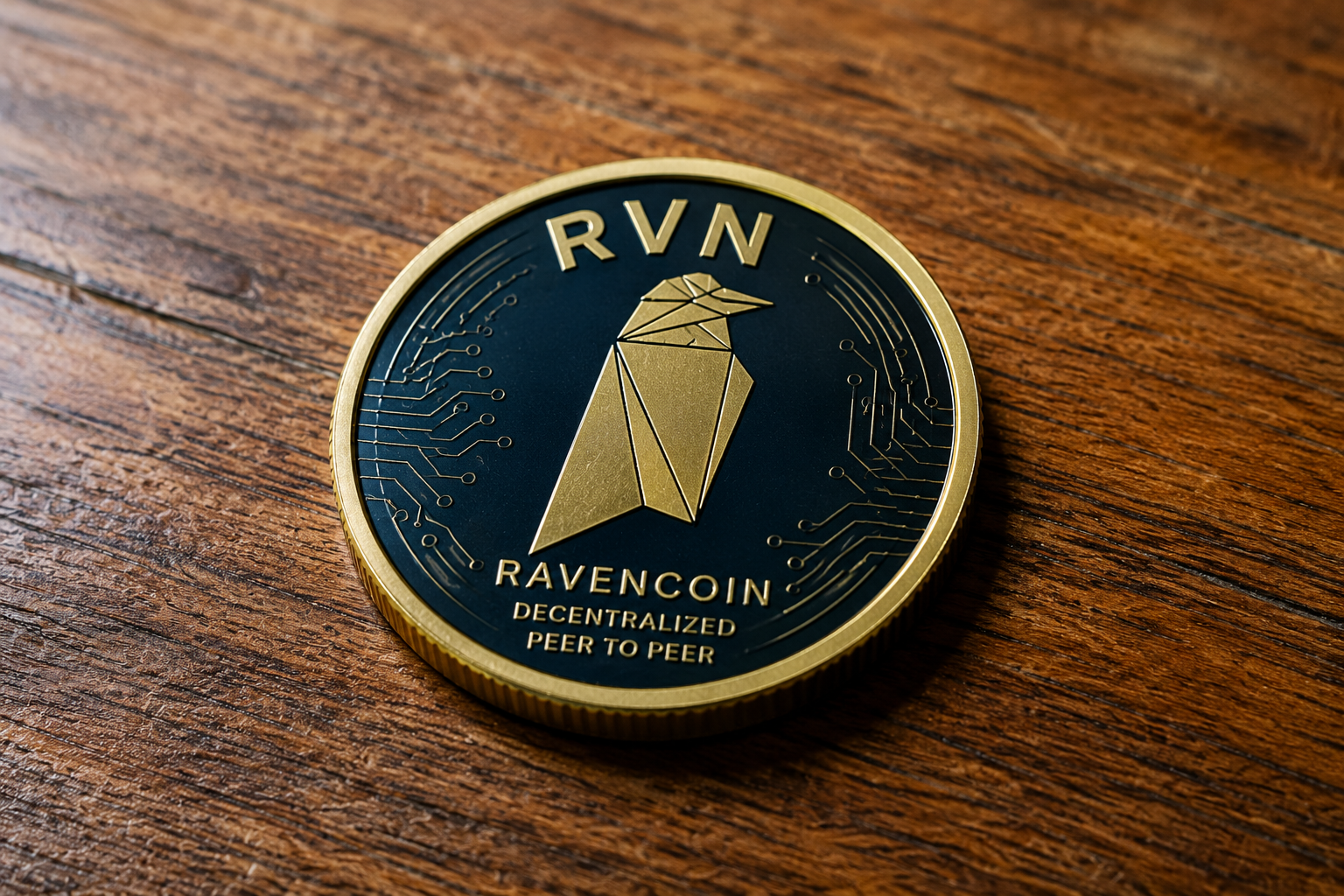 Eine physische Darstellung des Ravencoin-RVN-Tokens liegt auf einer Holzoberfläche; das Rabenlogo und die Peer-to-Peer-Kennzeichnung sind sichtbar.