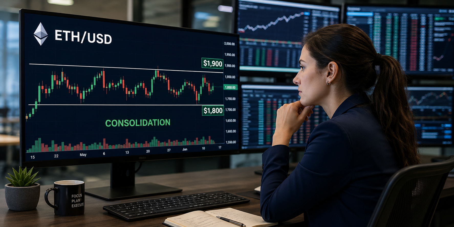 Trader studies an ETH/USD chart as Ethereum consolidates between $1,800 and $1,900.