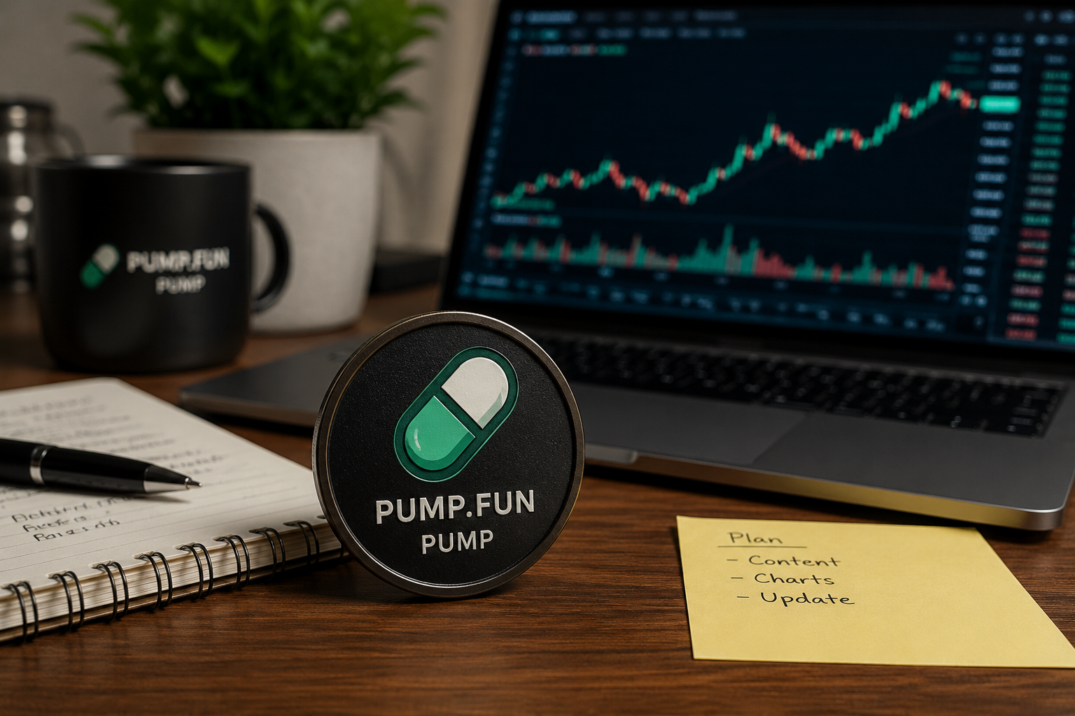 Pump.fun PUMP-Token neben einem Laptop mit einem ansteigenden Krypto-Kurschart.