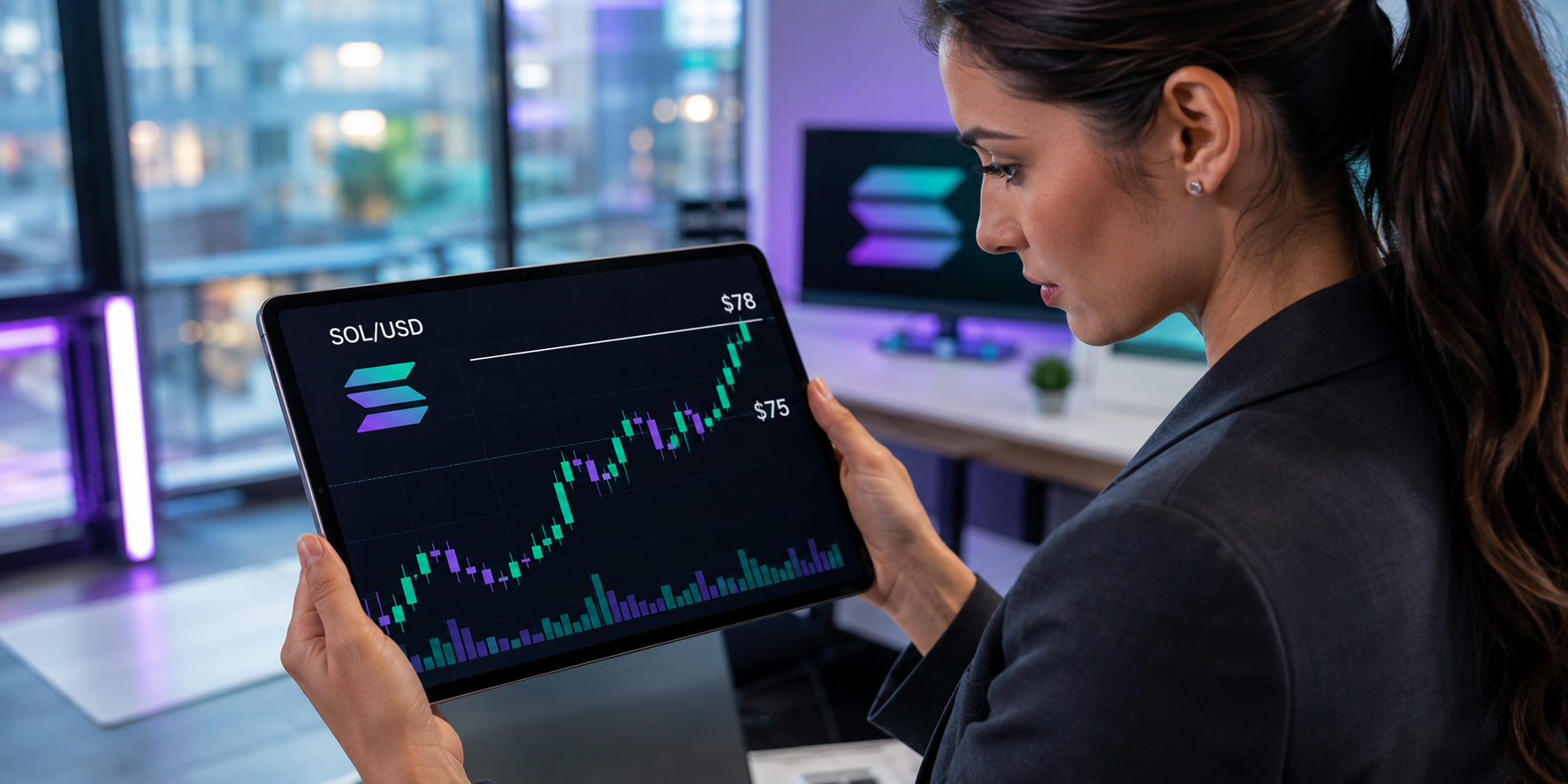 Investor studies a SOL/USD chart as Solana climbs toward $78 on a tablet.