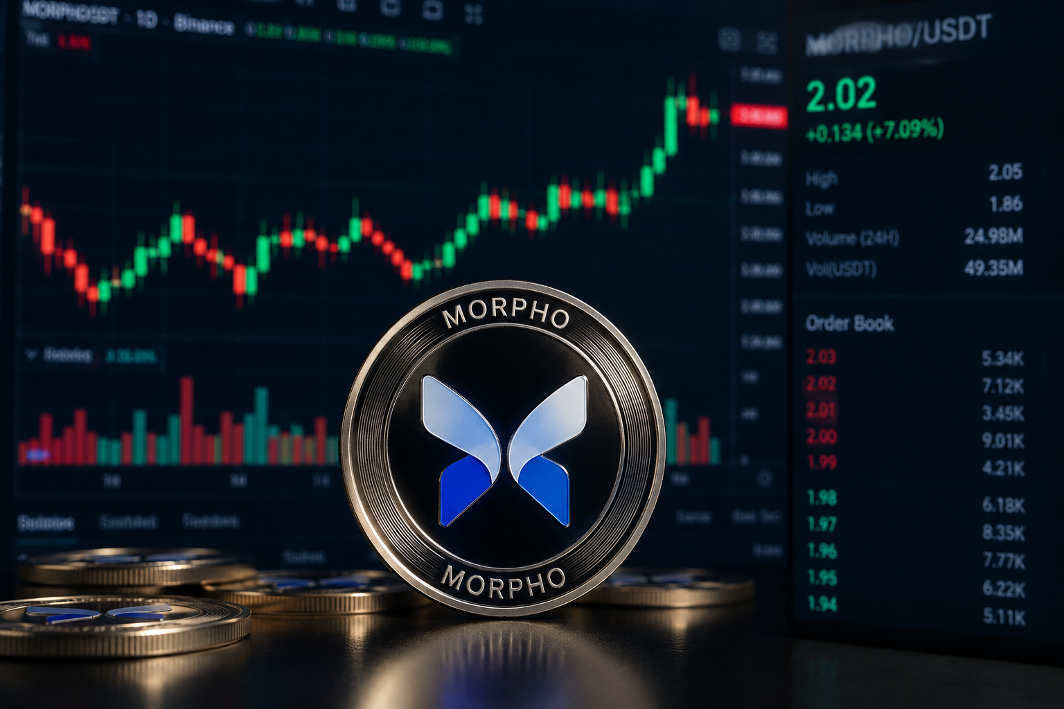 Morpho-Token vor einem MORPHO/USDT-Chart, der den Kurs nahe $2.02 zeigt.