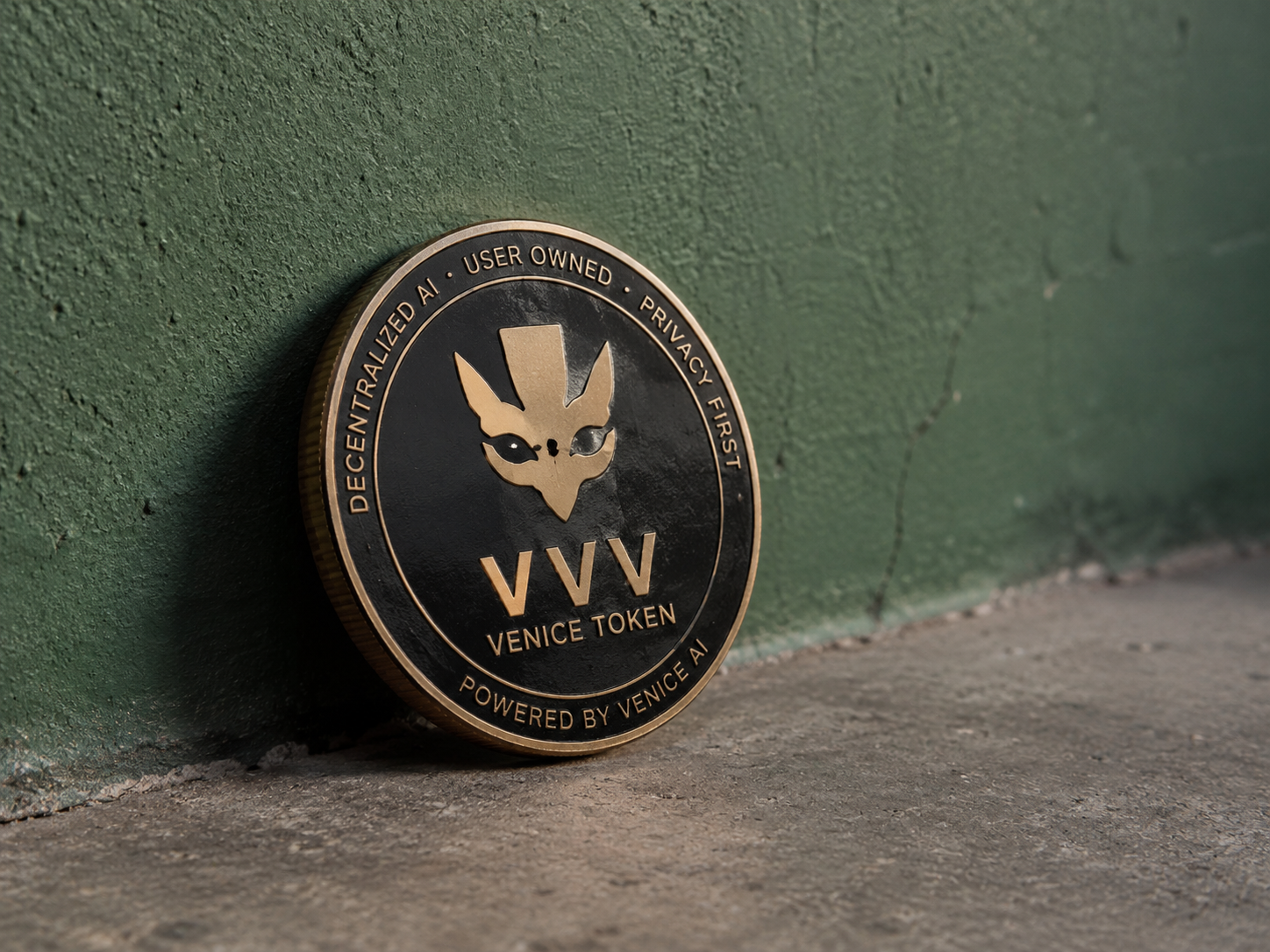 Venice Token VVV-Münze mit Branding für dezentrale KI und Datenschutz.