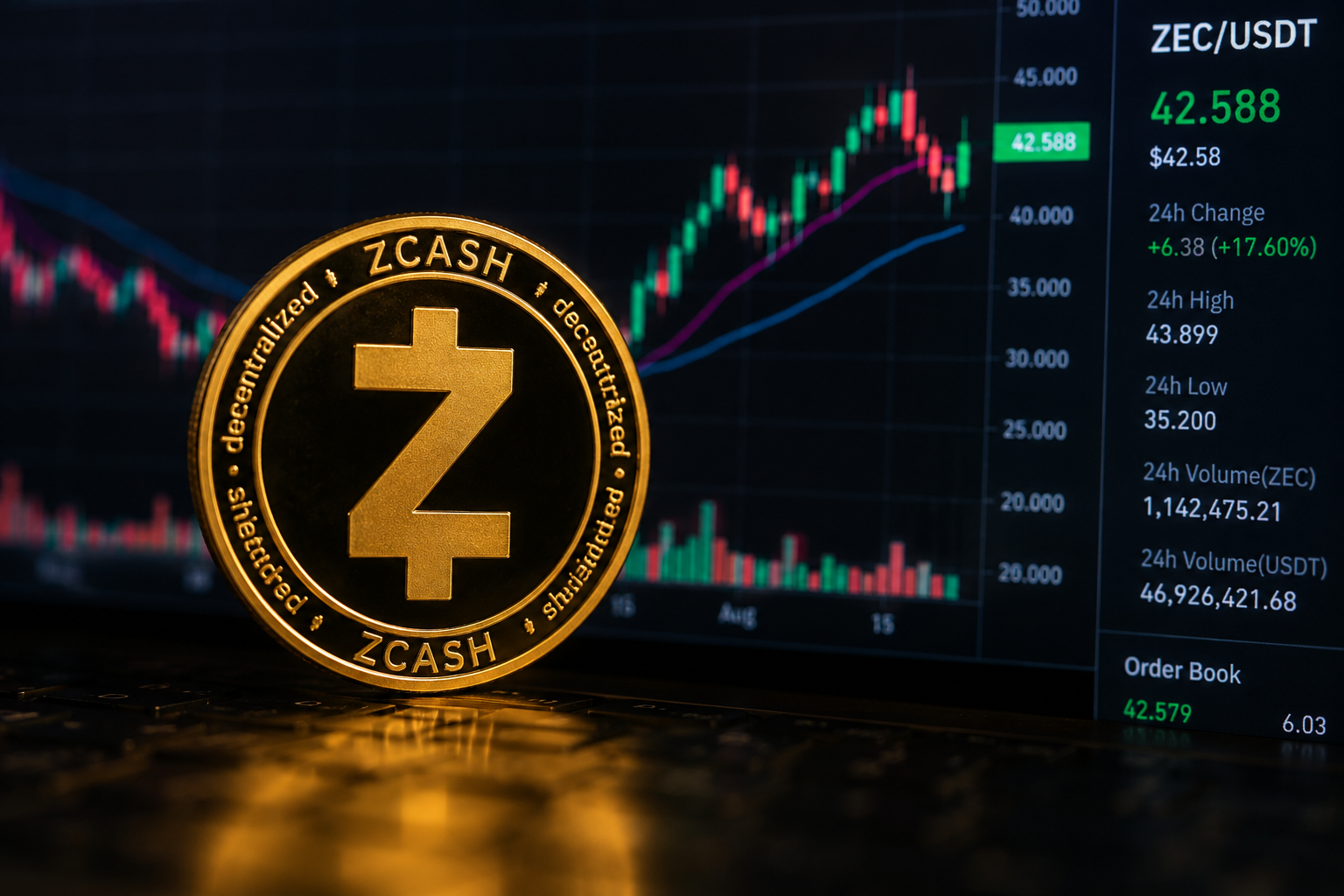 Zcash-ZEC-Münze vor einem ZEC/USDT-Chart, der den Preis nahe $42,59 zeigt.