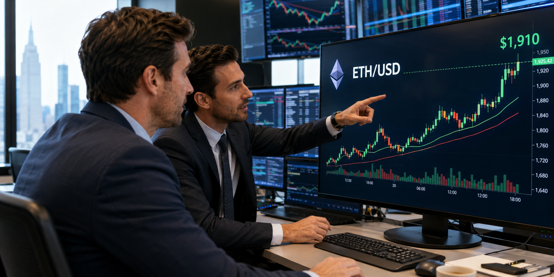Traders monitor Ethereum price chart on multiple market screens.