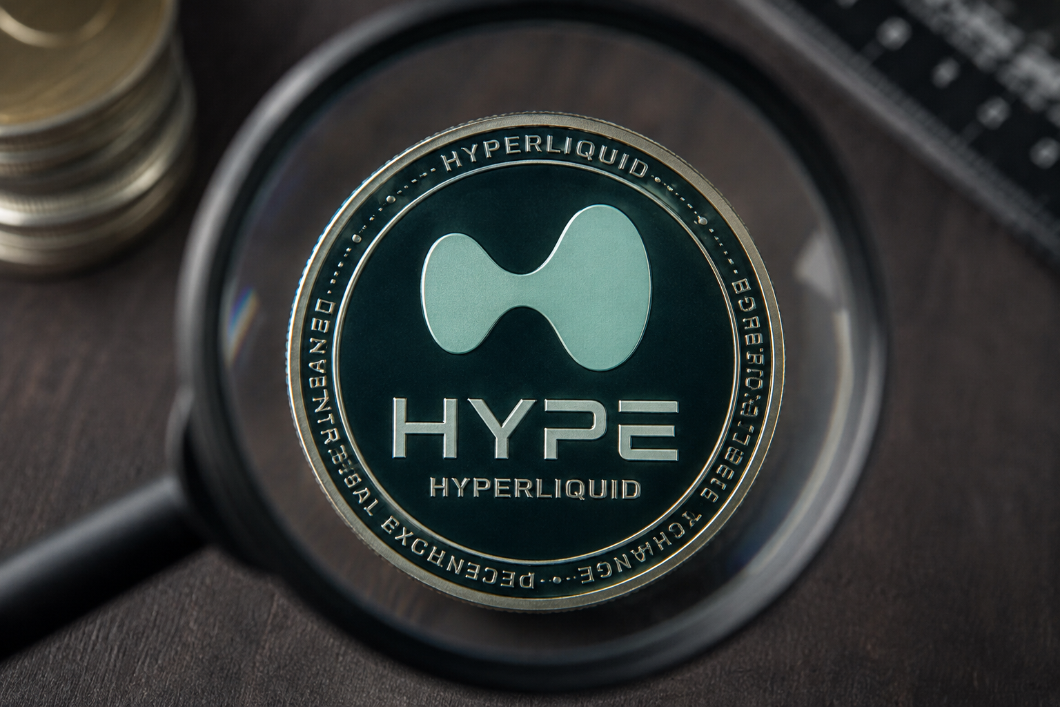 Hyperliquid HYPE-Token unter einer Lupe dargestellt.