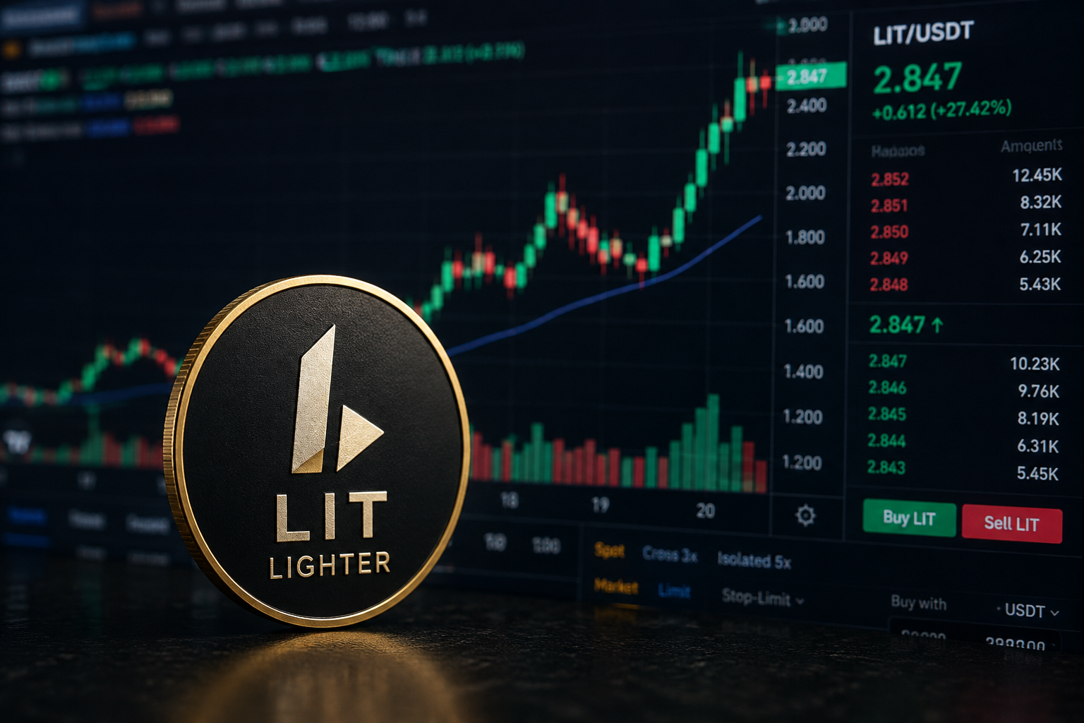 Heller LIT-Token neben einem steil ansteigenden LIT/USDT-Kursdiagramm