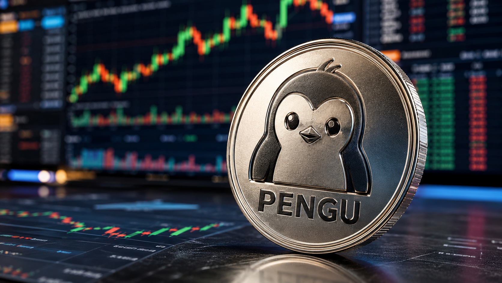 PENGU-Krypto-Token vor einem ansteigenden Kursdiagramm dargestellt