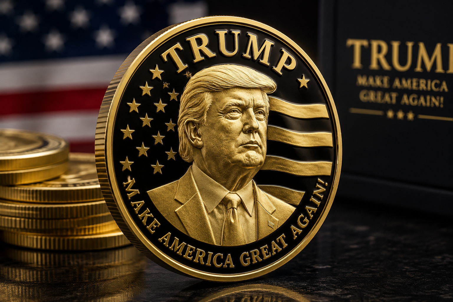 Offizielles Trump-Kryptotoken mit Donald Trump vor einer US-Flagge im Hintergrund