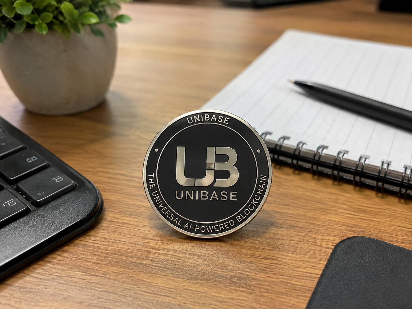 Ein Unibase-Token, der als KI-gestützte Blockchain gekennzeichnet ist, steht auf einem Holzschreibtisch neben einer Tastatur und einem Notizbuch.