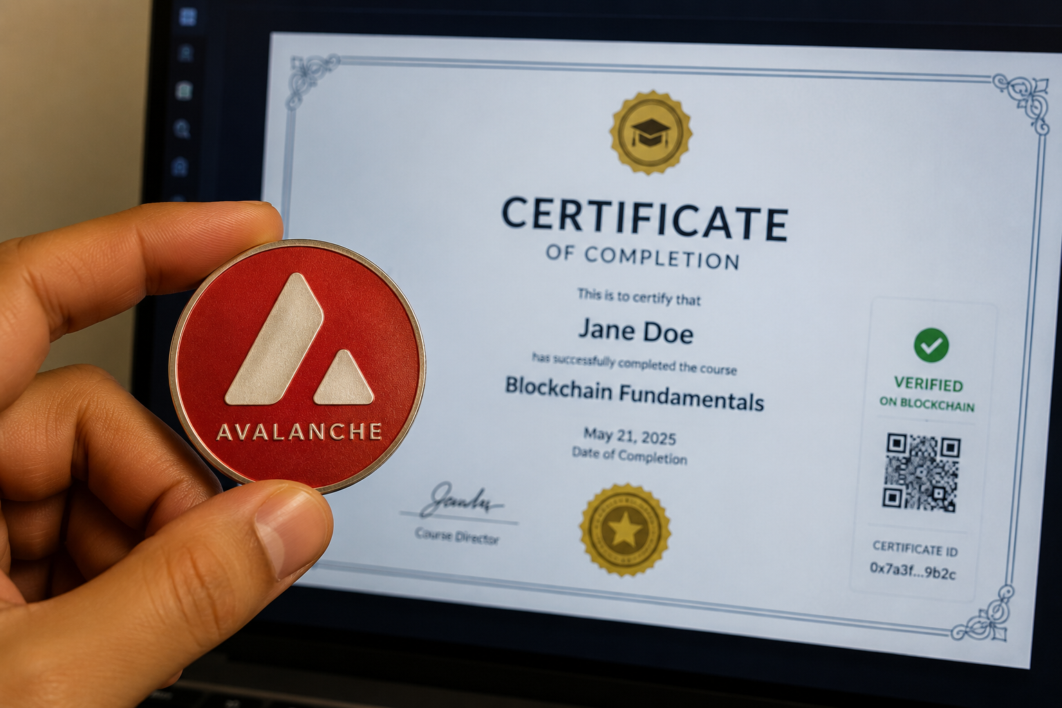 Eine Hand hält ein Avalanche-Token neben einem auf der Blockchain verifizierten digitalen akademischen Zertifikat, das auf einem Laptop angezeigt wird.