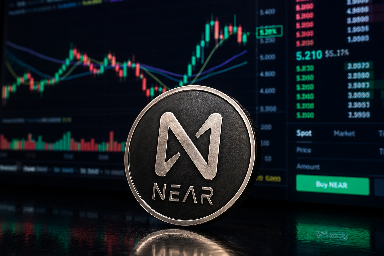 Ein Token von NEAR Protocol steht vor einem Handelsbildschirm für Kryptowährungen, der Kerzendiagramme und Marktpreise anzeigt.