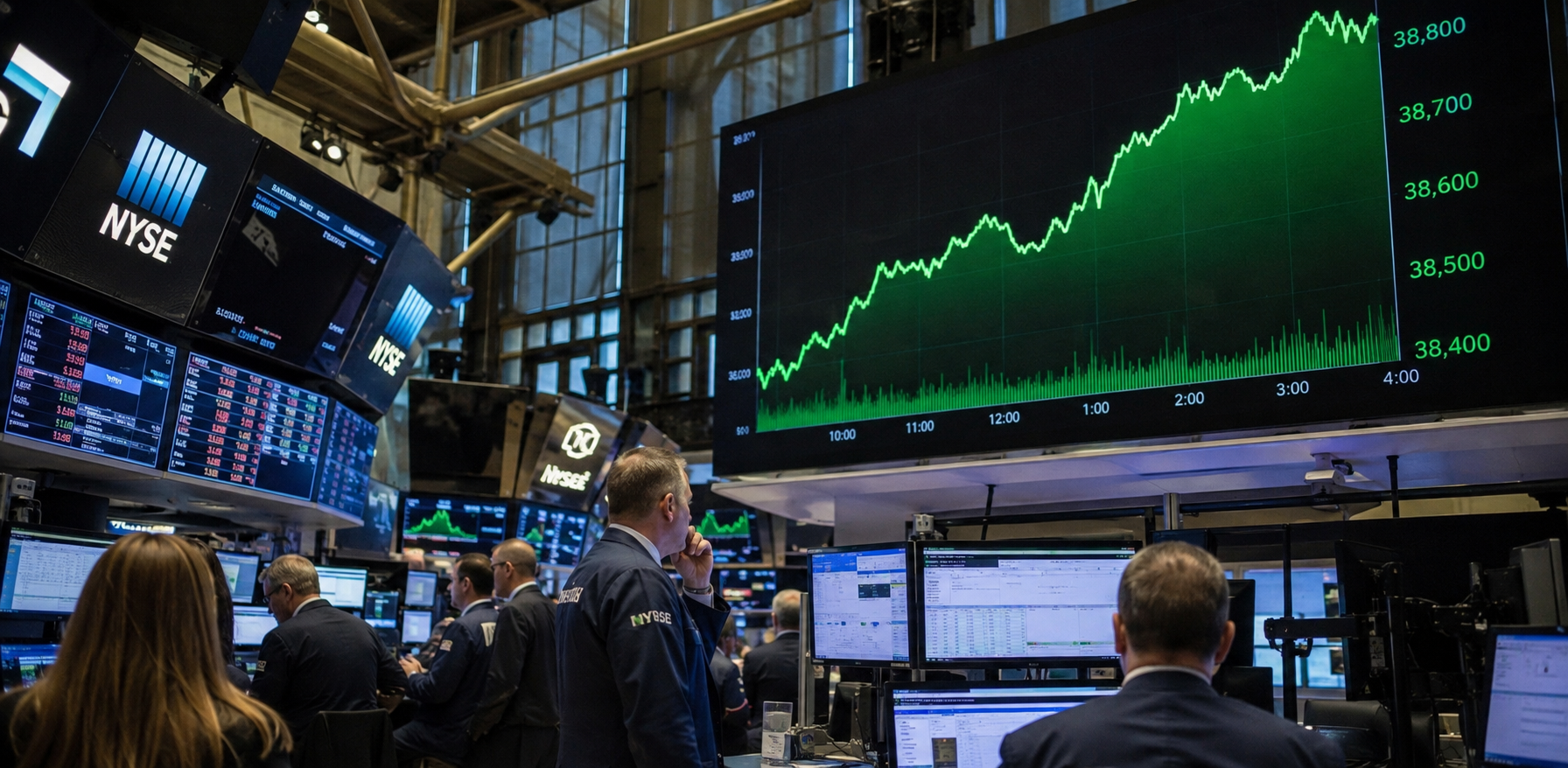 Händler arbeiten auf dem Parkett der New York Stock Exchange unter einem großen grünen Chart, das eine deutliche Marktrallye zeigt.