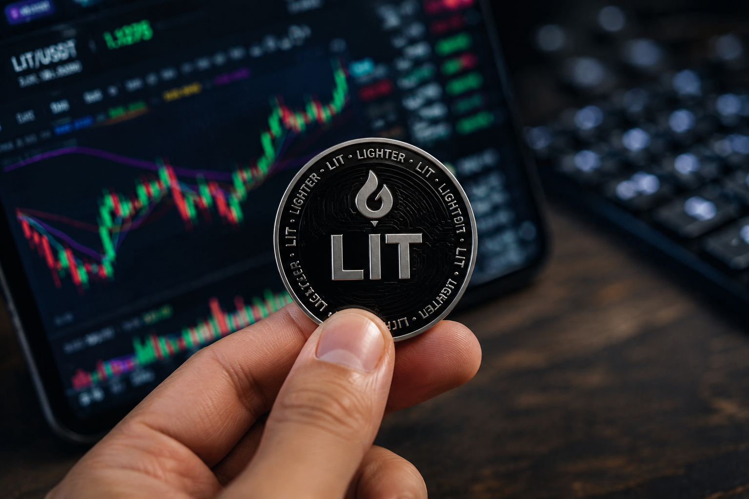 Hand hält einen Lighter LIT-Token vor einem Chart mit steigenden Kryptowährungspreisen.