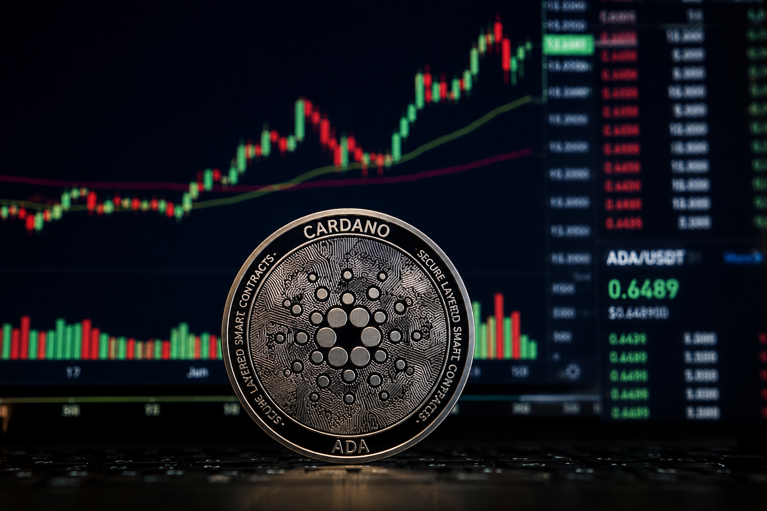 Cardano-ADA-Münze vor einem Handelsbildschirm mit einem ansteigenden Krypto-Kursdiagramm.