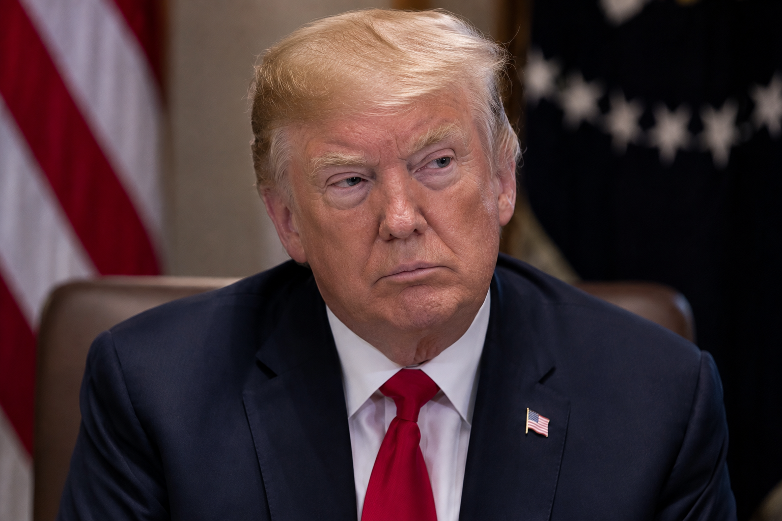 Donald Trump sitzt an einem formellen Besprechungstisch, trägt einen dunklen Anzug und eine rote Krawatte; im Hintergrund sind US-Flaggen unscharf.