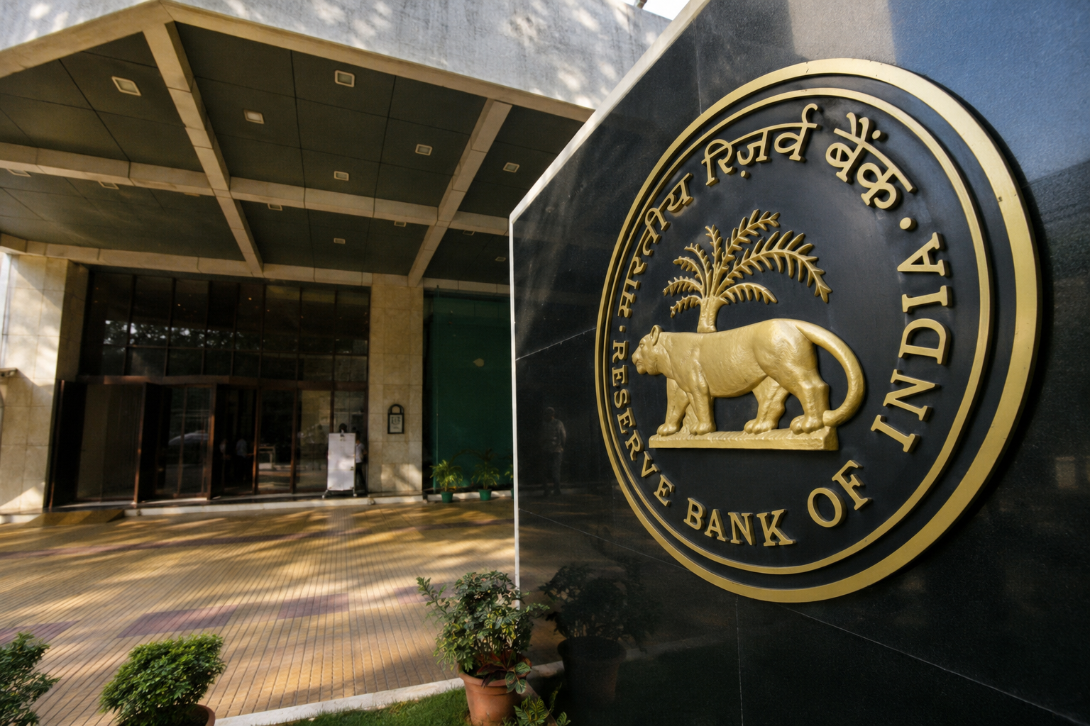 Das Emblem der Reserve Bank of India steht vor dem Hauptsitz der Zentralbank in Mumbai.