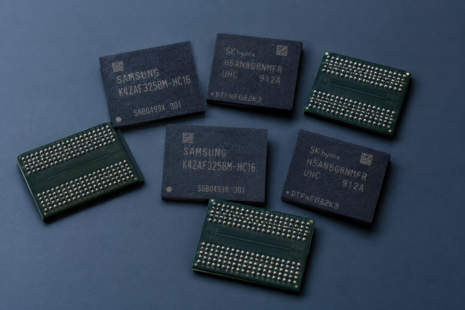 Speicherchips von Samsung Electronics und SK Hynix auf einer dunklen Oberfläche angeordnet, mit freiliegenden Kontaktstiften.
