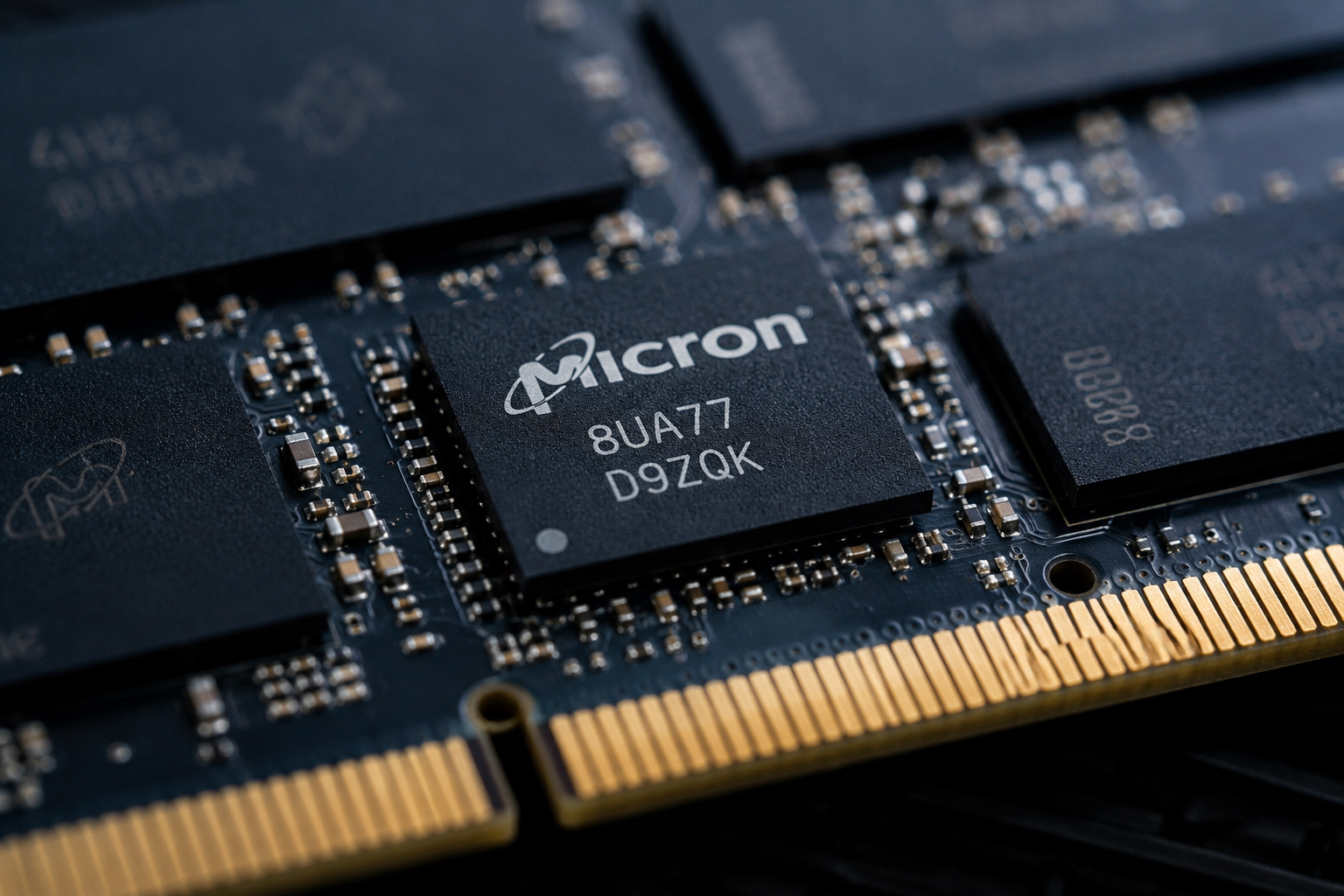 Close-up of a Micron memory chip mounted on a semiconductor circuit board.