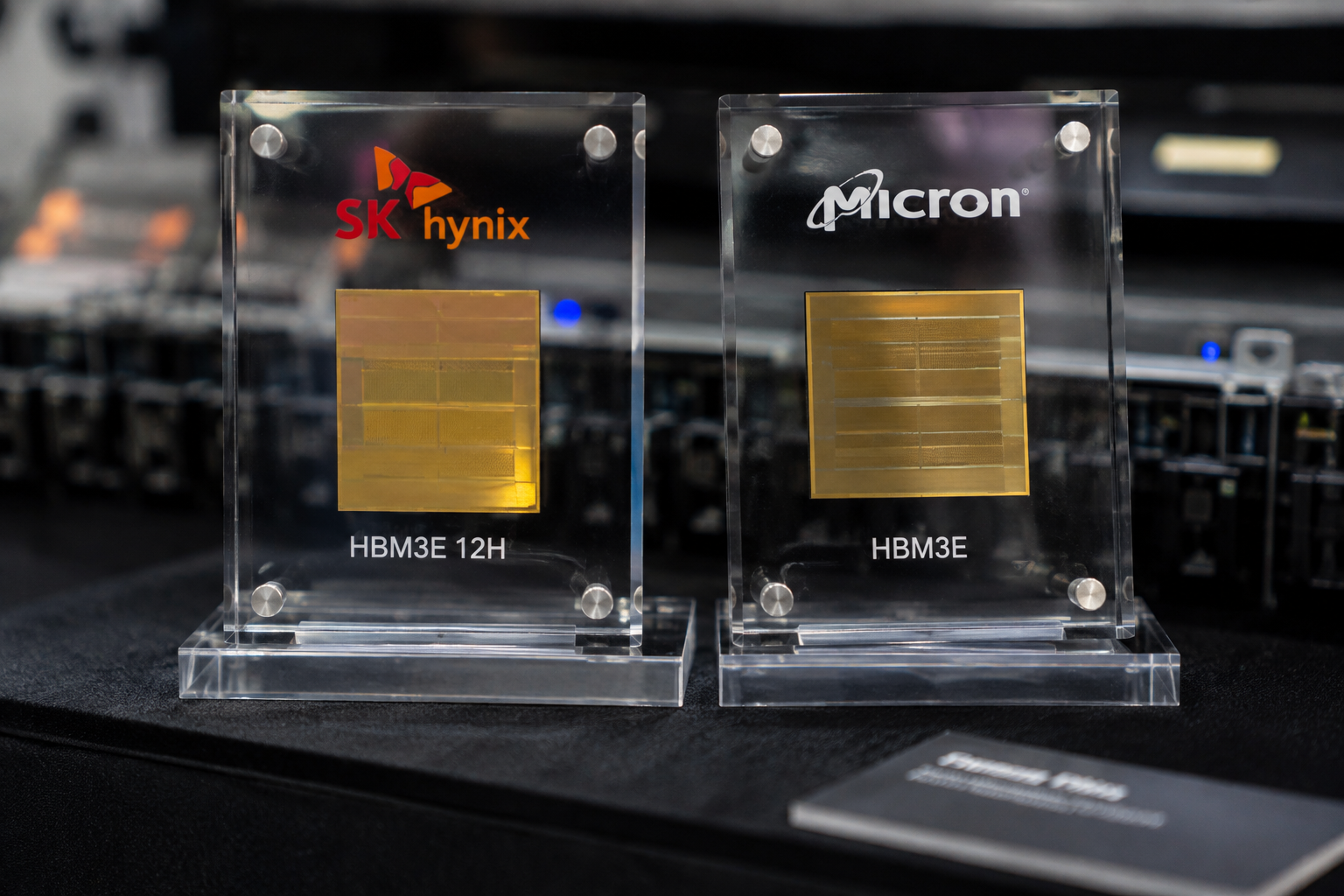 SK Hynix- und Micron-HBM3E-Speicherchips nebeneinander bei einer Technologiepräsentation gezeigt.