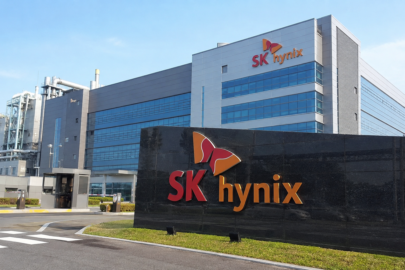 SK Hynix-Logo vor der Halbleiterfertigungsanlage des Unternehmens.